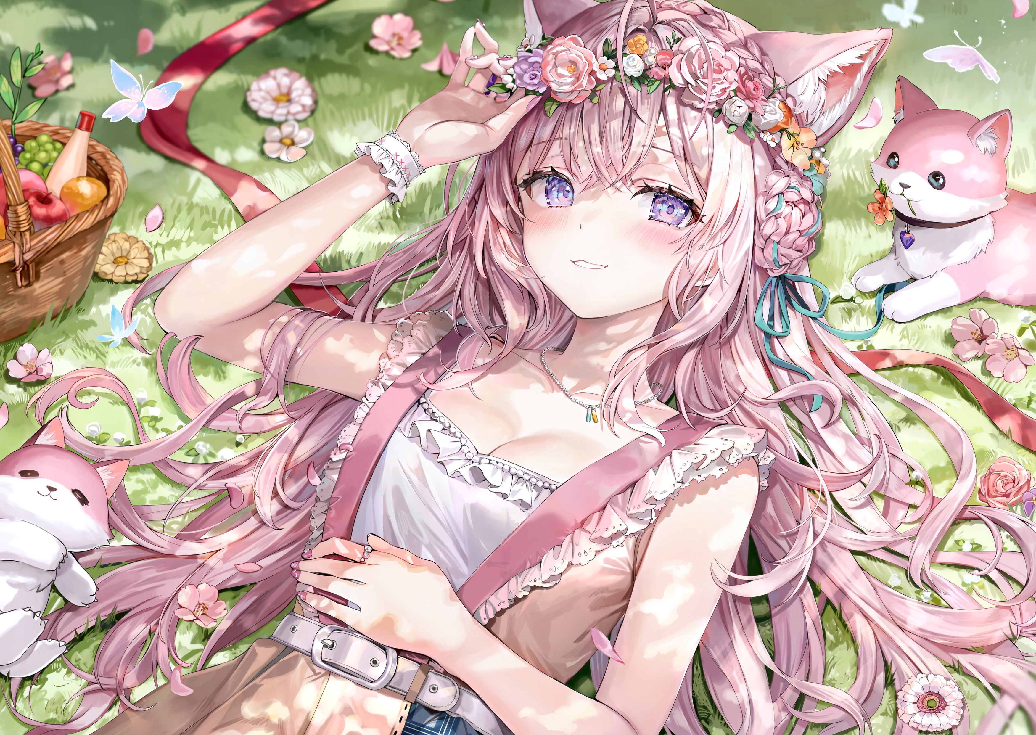 Anime 3500x2483 anime anime girls Hakui Koyori Hololive Virtual Youtuber grass lying down lying on back looking at viewer blushing flowers petals cats long hair pink hair baskets blue eyes fox girl fox ears braids cleavage necklace flower in hair smiling butterfly animals insect collar fruit