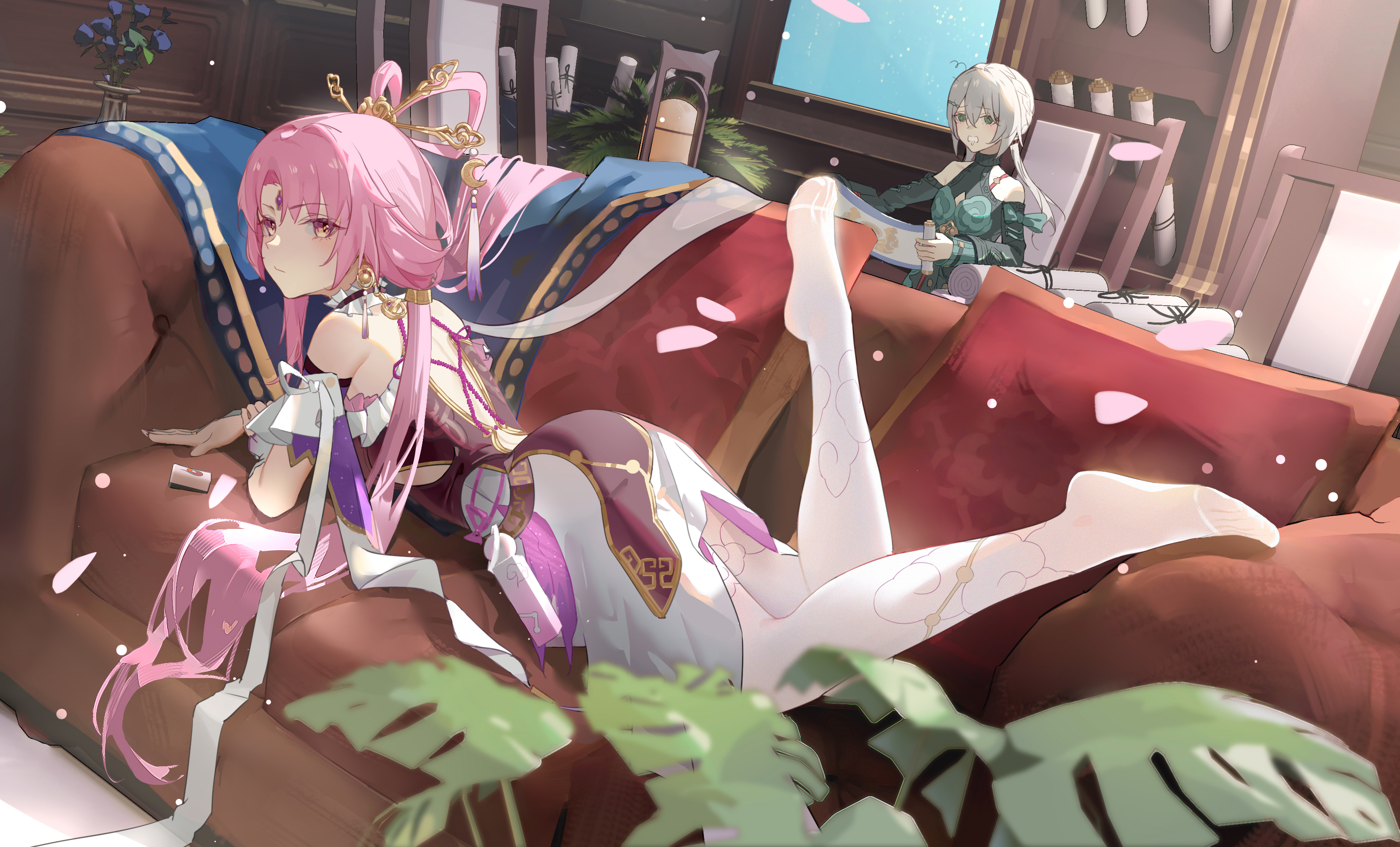 Anime 3172x1920 anime anime girls Fu Xuan(Honkai: Star Rail) Honkai: Star Rail twintails pink hair yellow eyes leaves petals feet in the air couch lying down lying on front looking at viewer long hair plants