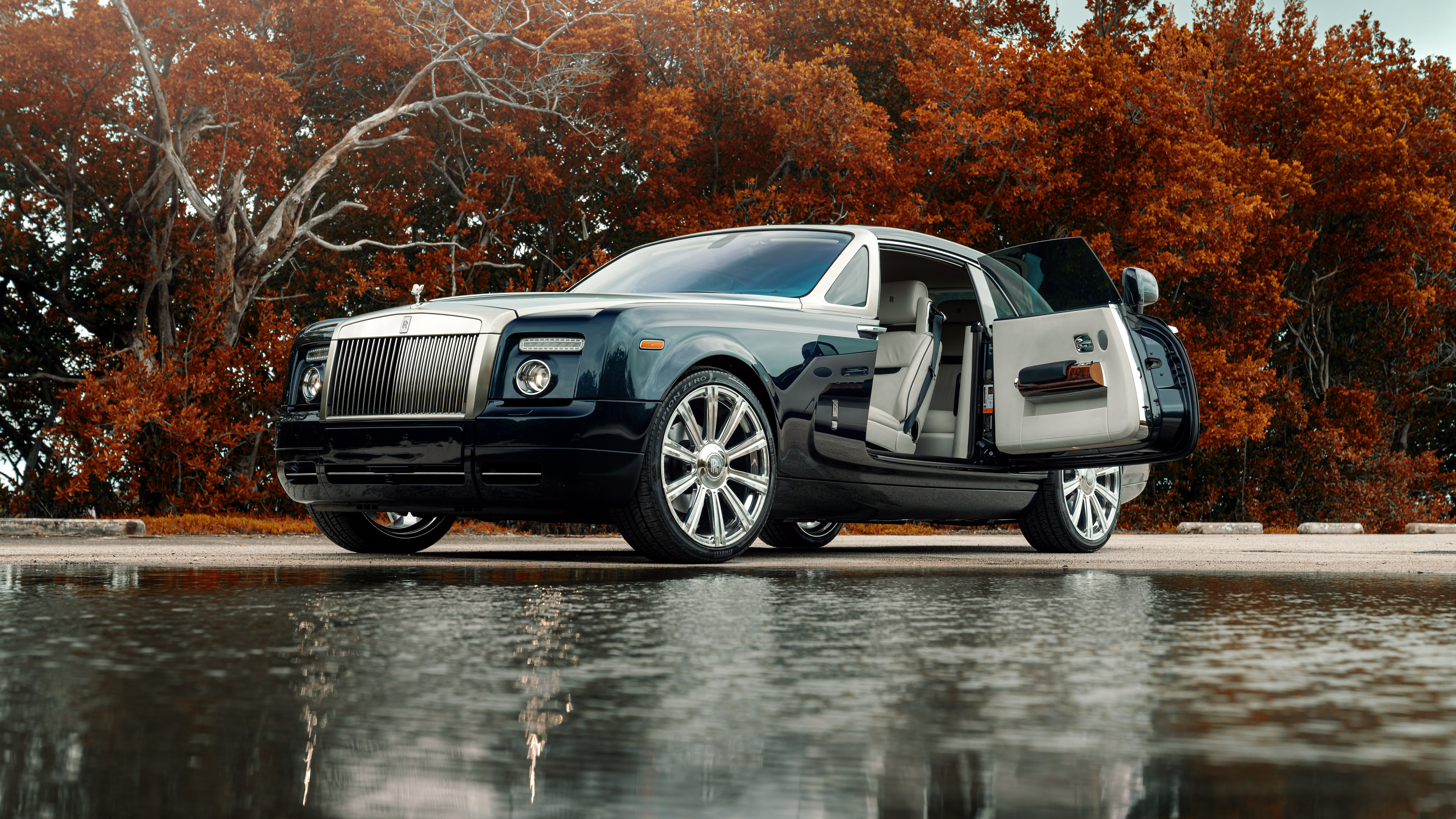 General 5120x2880 car Rolls-Royce luxury cars British cars frontal view vehicle trees water reflection