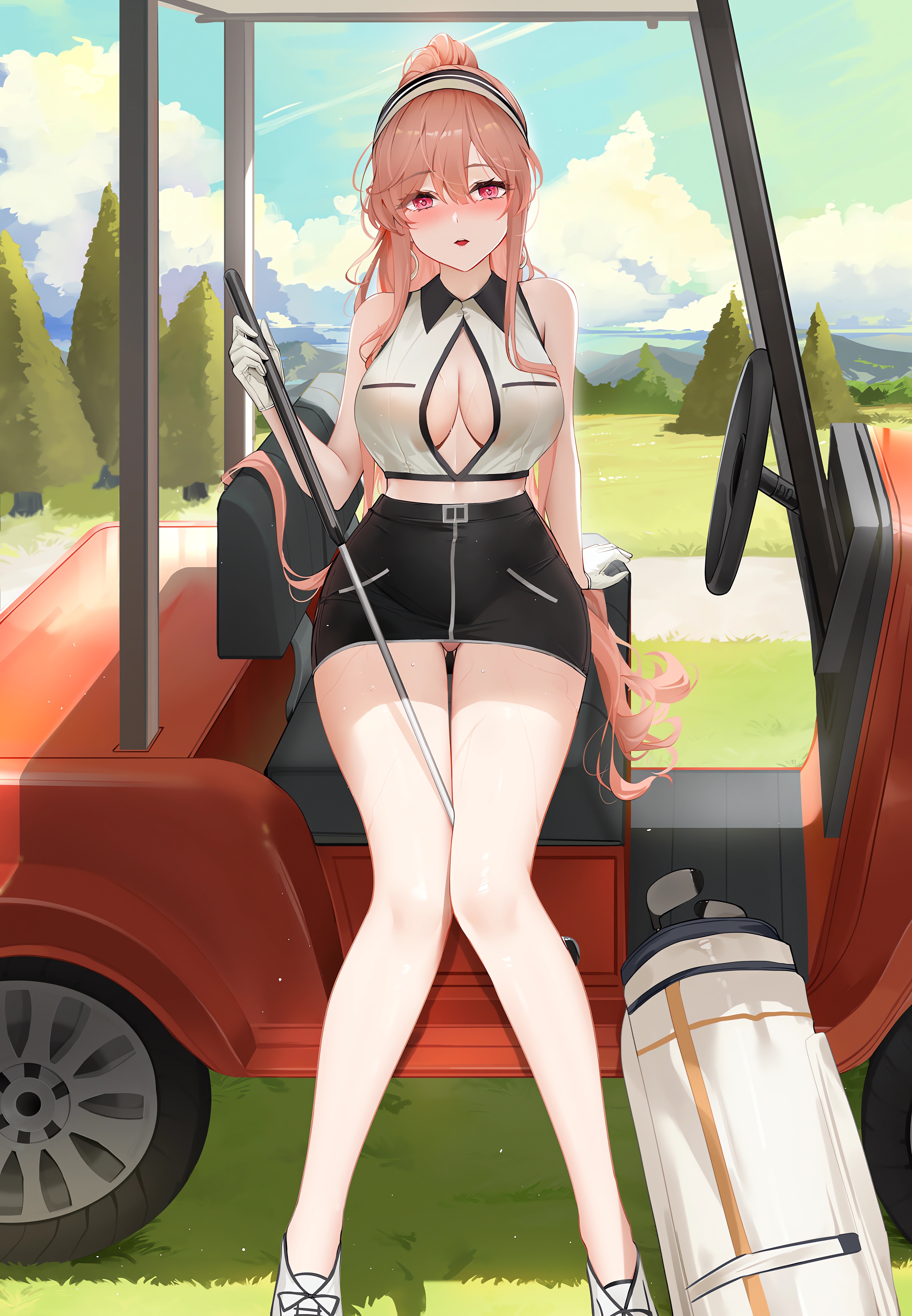 Anime 3466x5000 anime anime girls Pixiv portrait display sky clouds trees grass gloves sitting cleavage big boobs looking at viewer golf club golf cart open clothes long hair upskirt