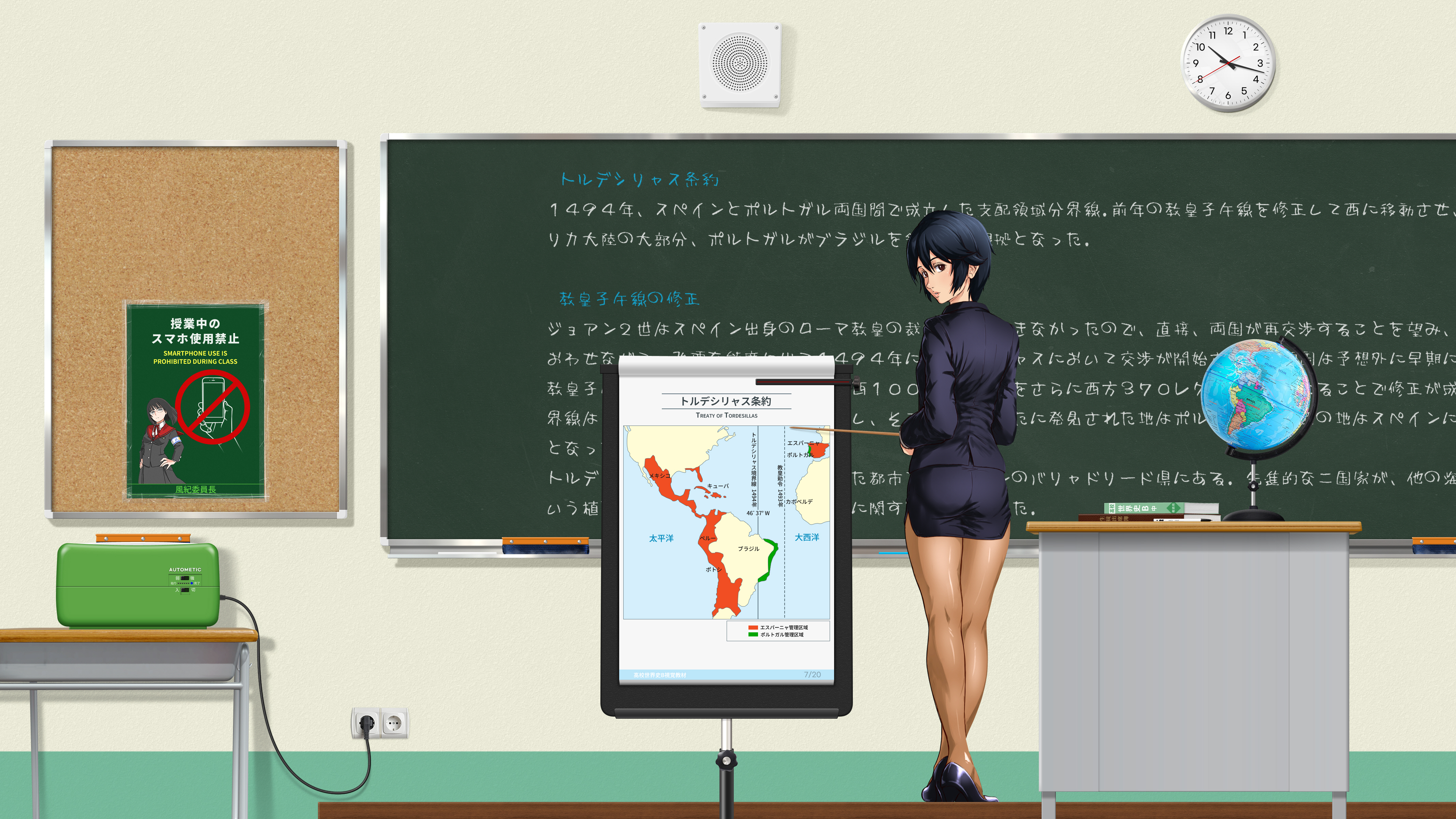 Anime 4268x2400 classroom world history speakers anime girls Japanese looking back clocks looking at viewer globes Treaty of Tordesillas map ass pantyhose short hair