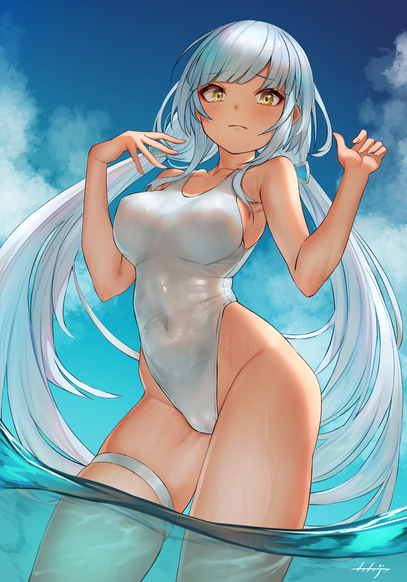 Anime 1344x1920 anime girls portrait display standing in water water yellow eyes light blue hair one-piece swimsuit thighs swimwear big boobs grey swimsuit signature looking at viewer clouds thigh strap closed mouth women outdoors sky Arpeggio Kaga twintails armpits blushing