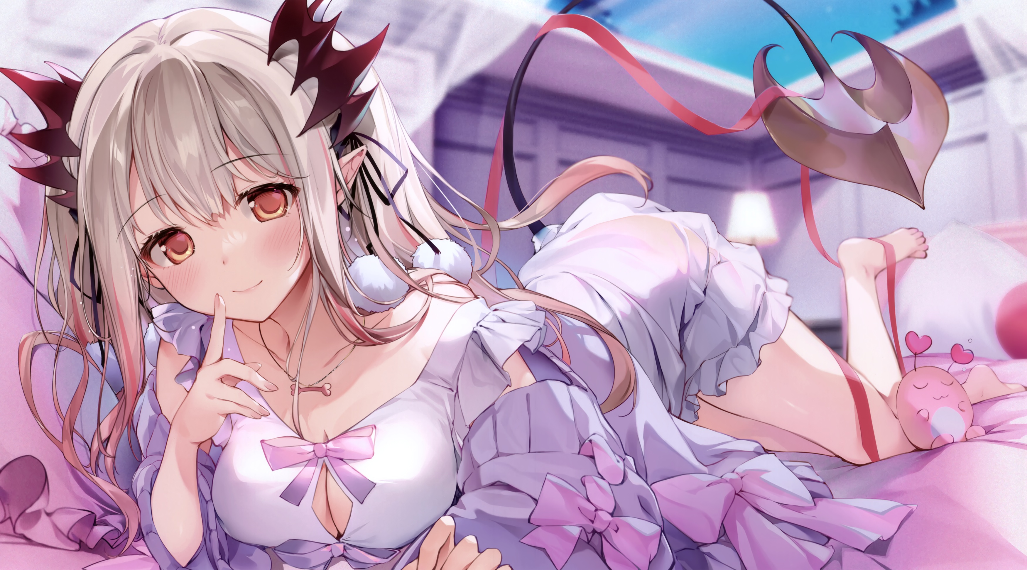 Anime 3500x1943 anime anime girls lying down lying on front smiling pointy ears demon girls demon tail cleavage big boobs feet lamp interior room looking at viewer gradient hair two tone hair long hair feet in the air yellow eyes blushing Suou Patra (Honey Strap) Virtual Youtuber Karory