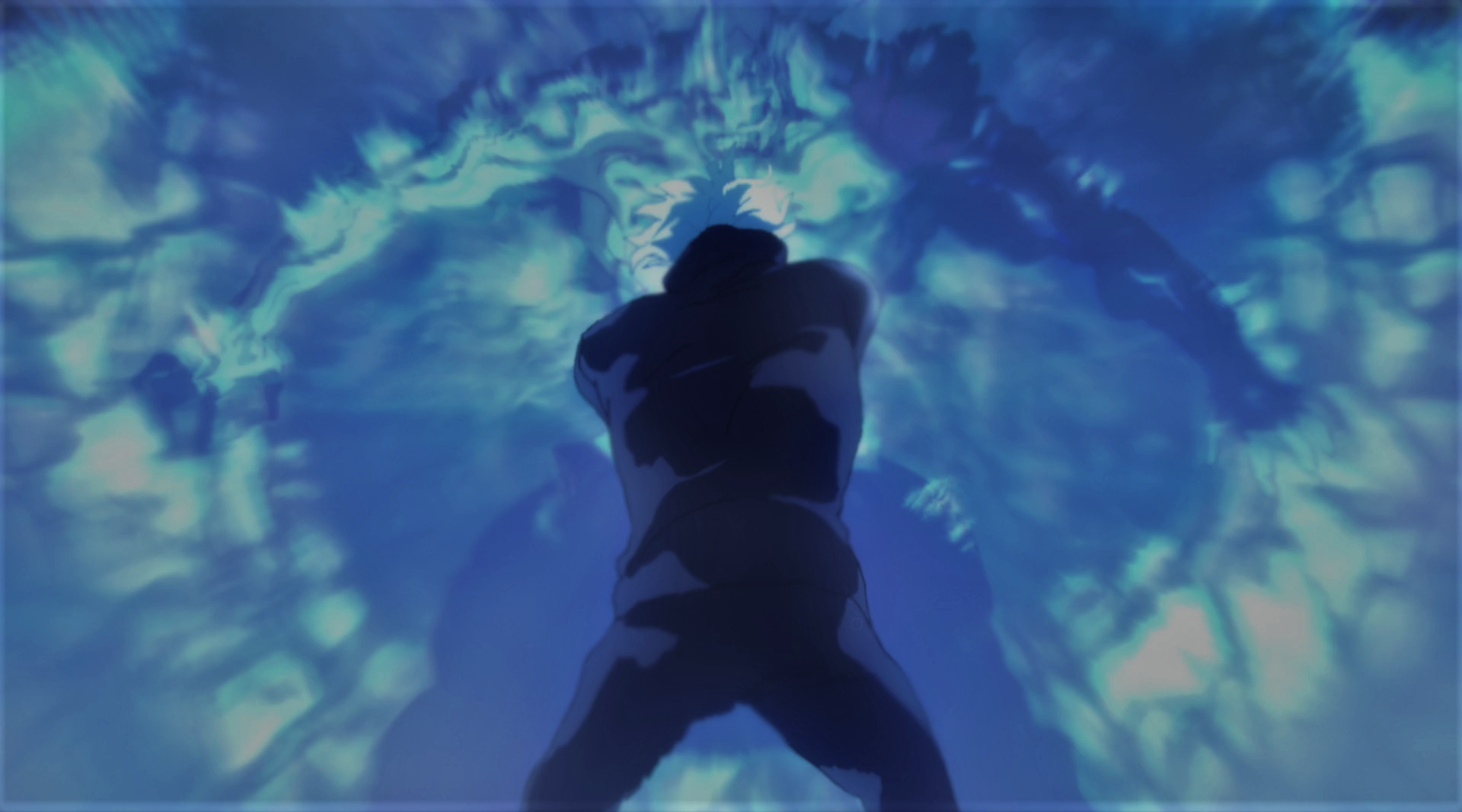 Anime 1920x1067 Jujutsu Kaisen Satoru Gojo uniform fighting hanami white hair blue muscles anime Anime screenshot anime boys