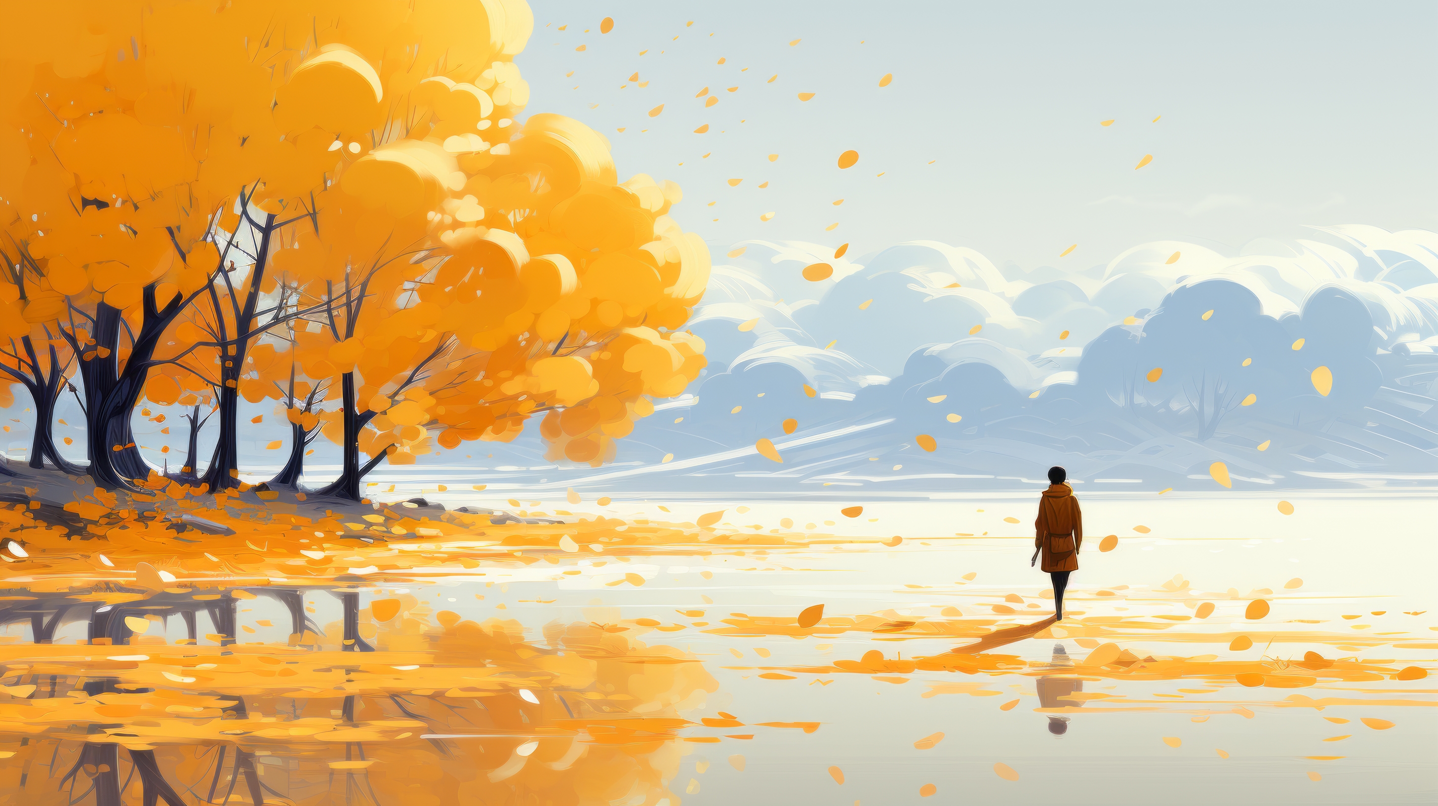 General 2912x1632 AI art fall leaves orange illustration digital art reflection water trees walking