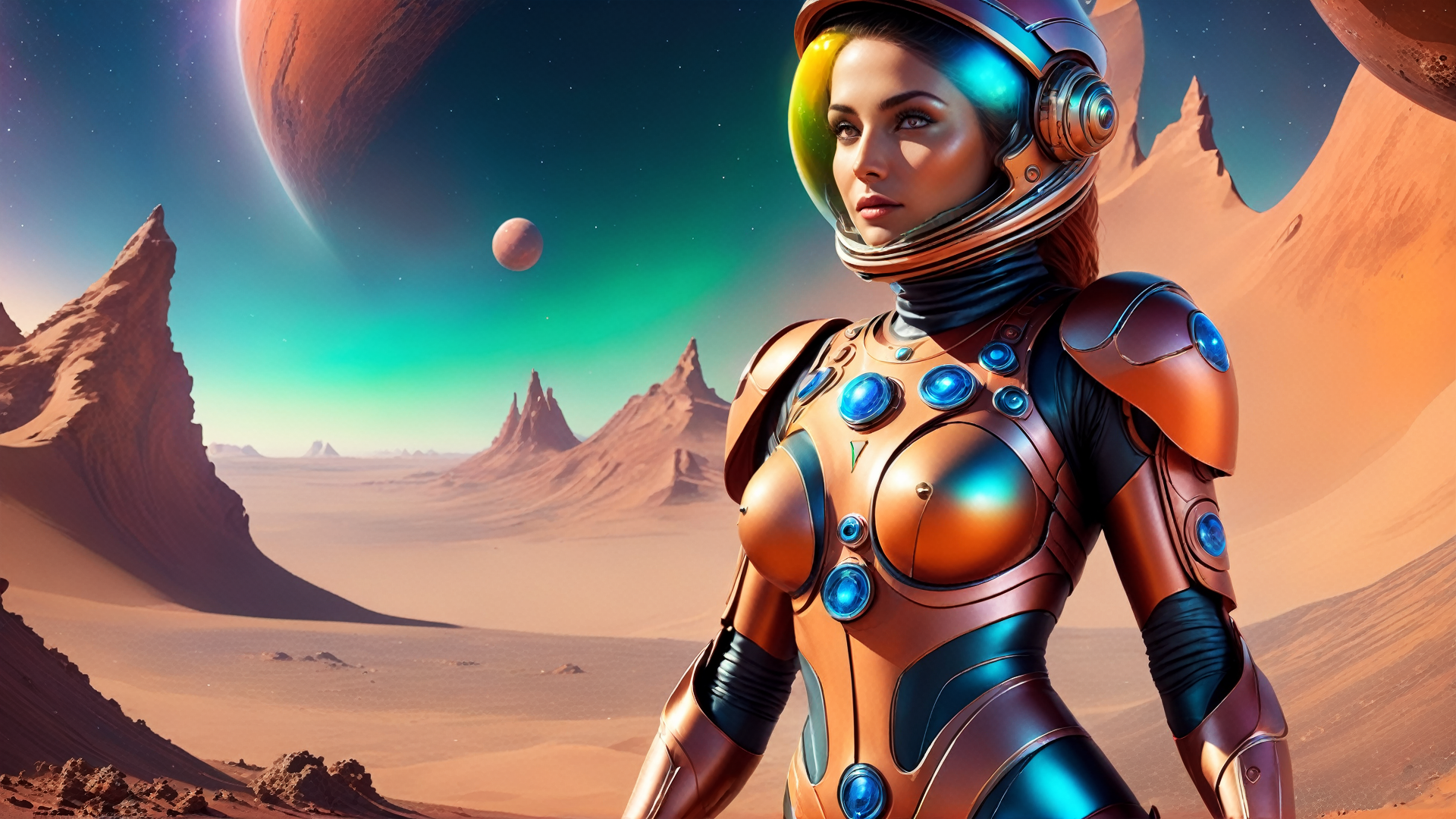 General 1920x1080 AI art women colorful space desert CGI sky stars planet spacesuit digital art looking at viewer