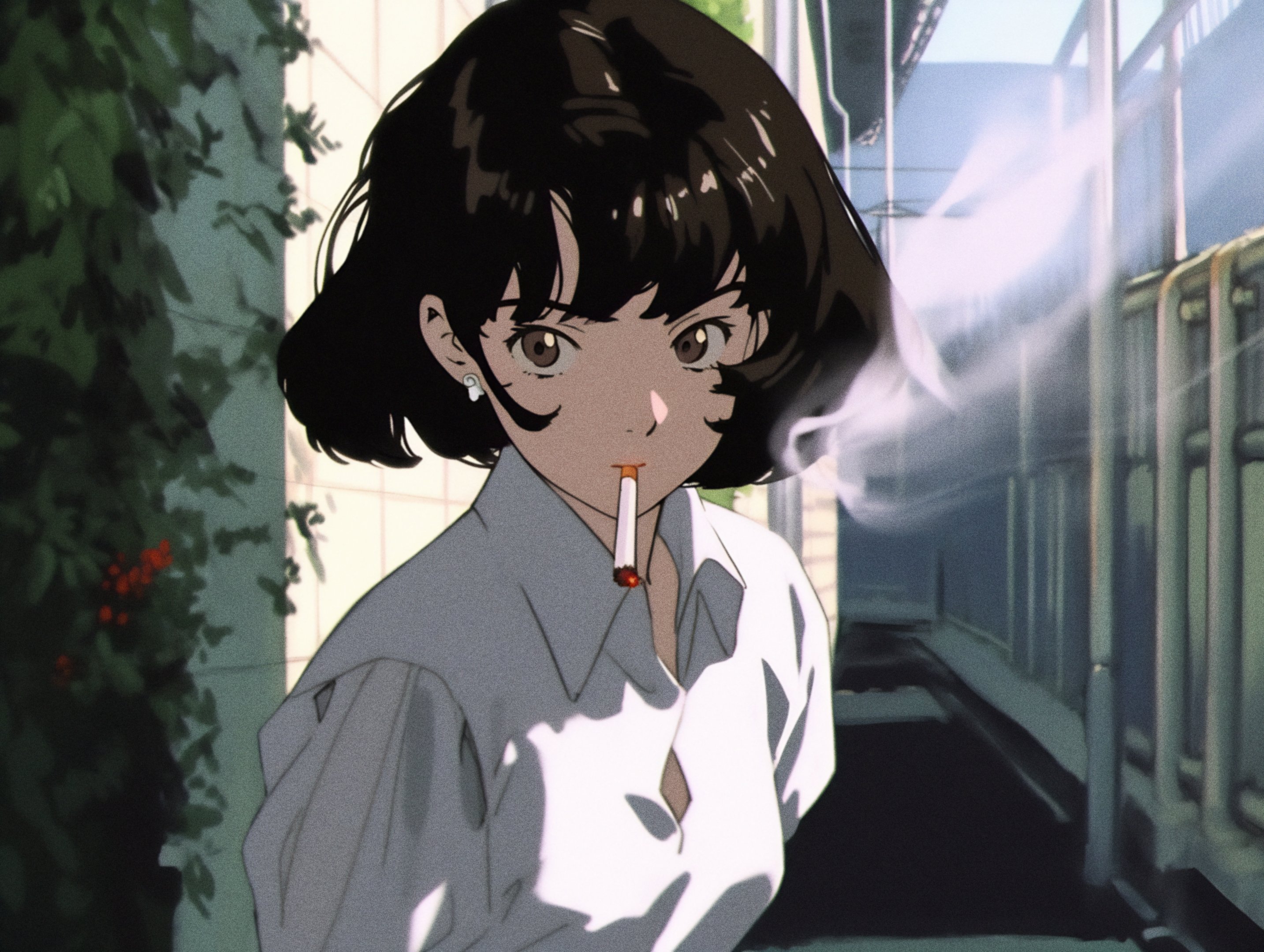 Anime 2867x2160 axynchro retro style anime girls earring smoking cigarettes looking at viewer short hair brunette brown eyes AI art