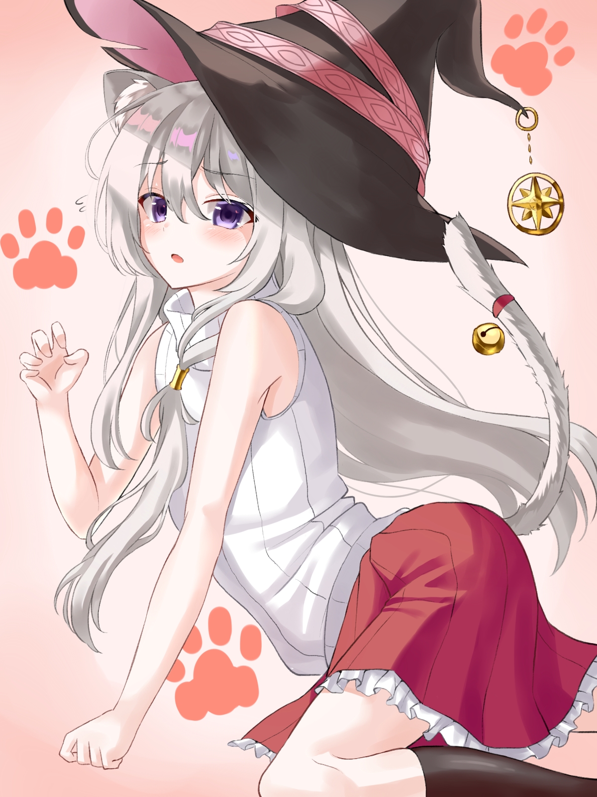 Anime 1200x1600 Elaina (Majo no Tabitabi) Majo no Tabitabi gray hair anime girls portrait display cat girl cat ears cat tail witch witch hat looking at viewer long hair blushing simple background bells