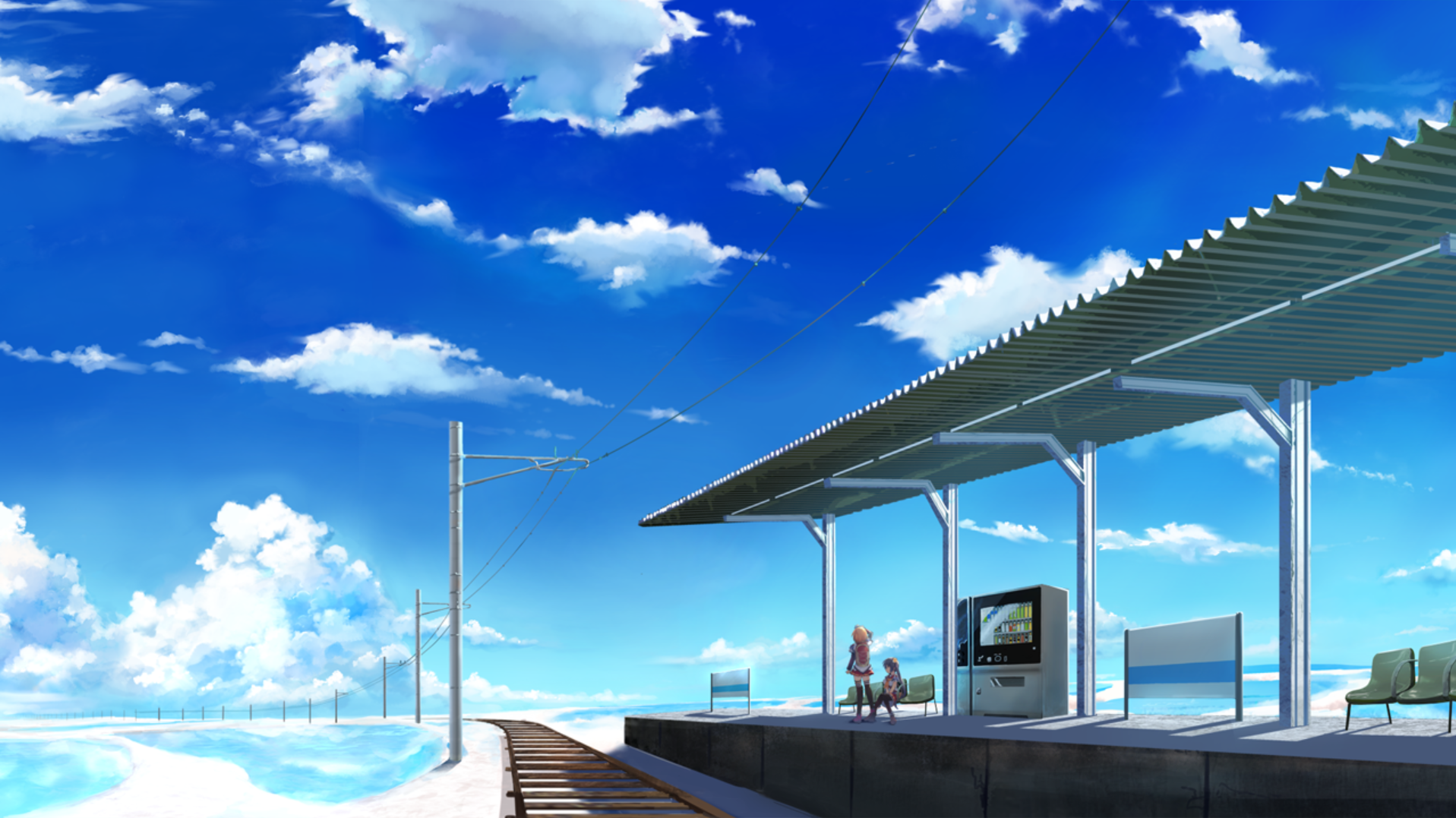 Anime 1917x1077 Camus In The Blue Sky sky galgame clouds anime girls sitting bench standing backpacks railway vending machine