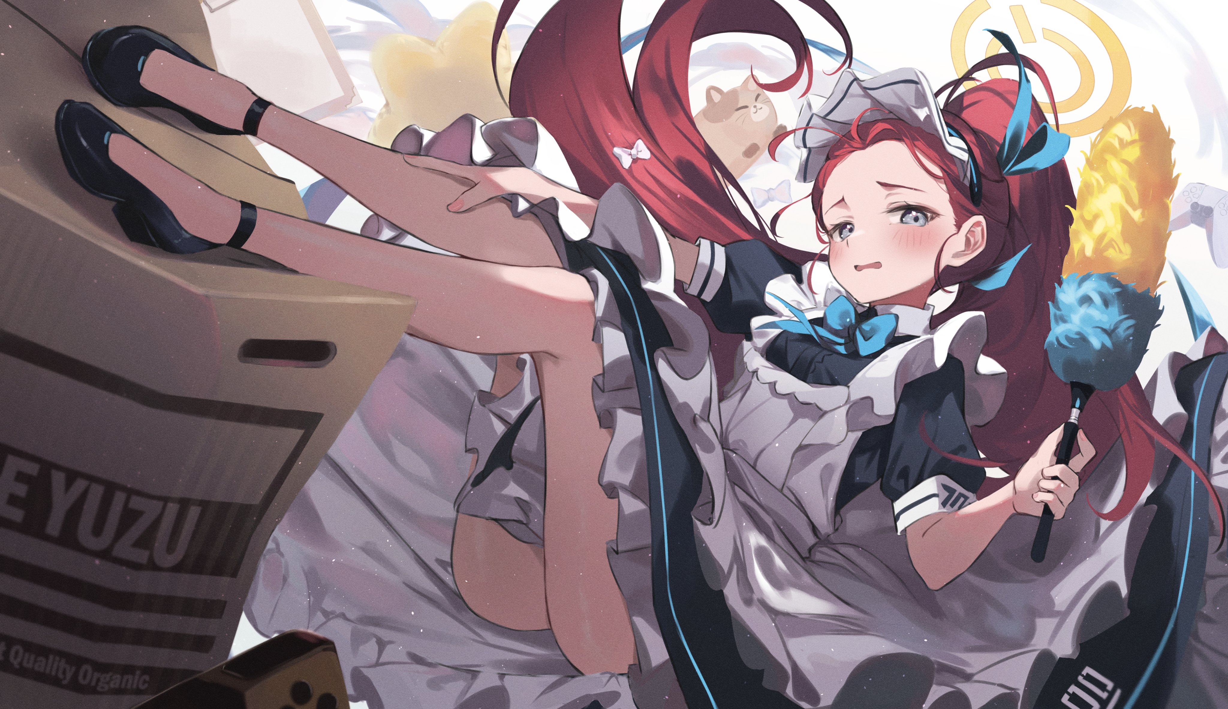 Anime 4096x2367 anime girls Blue Archive maid outfit Hanaoka Yuzu redhead maid long hair looking at viewer bow tie ponytail duster loli