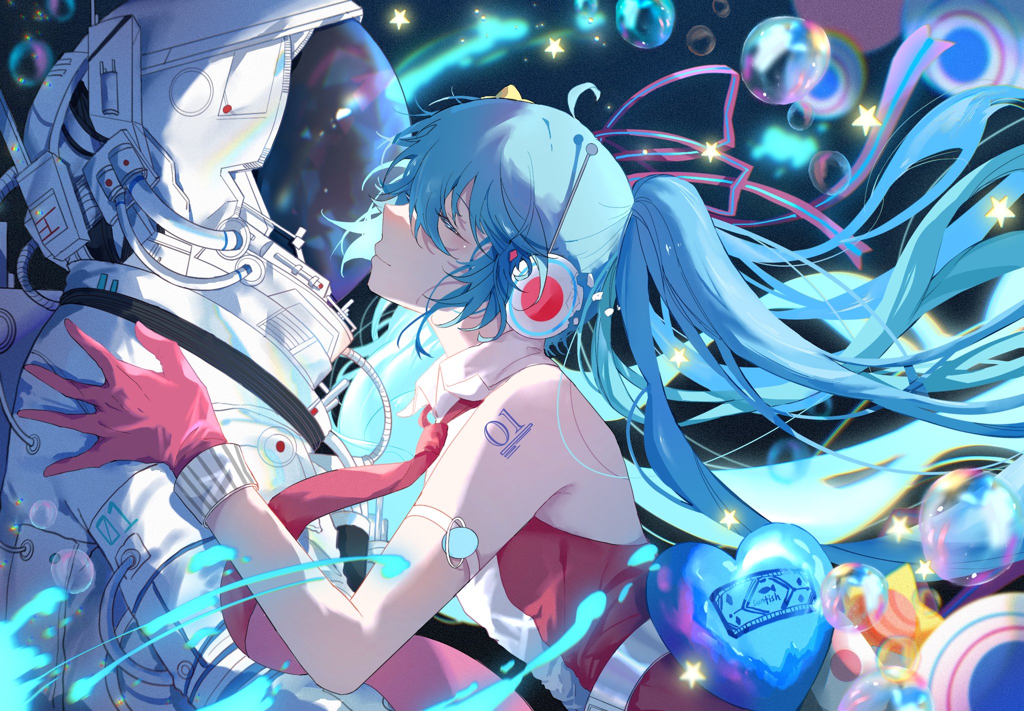 Anime 2048x1423 Hatsune Miku Vocaloid astronaut kissing anime girls long hair twintails gloves spacesuit closed eyes bubbles stars tie heart