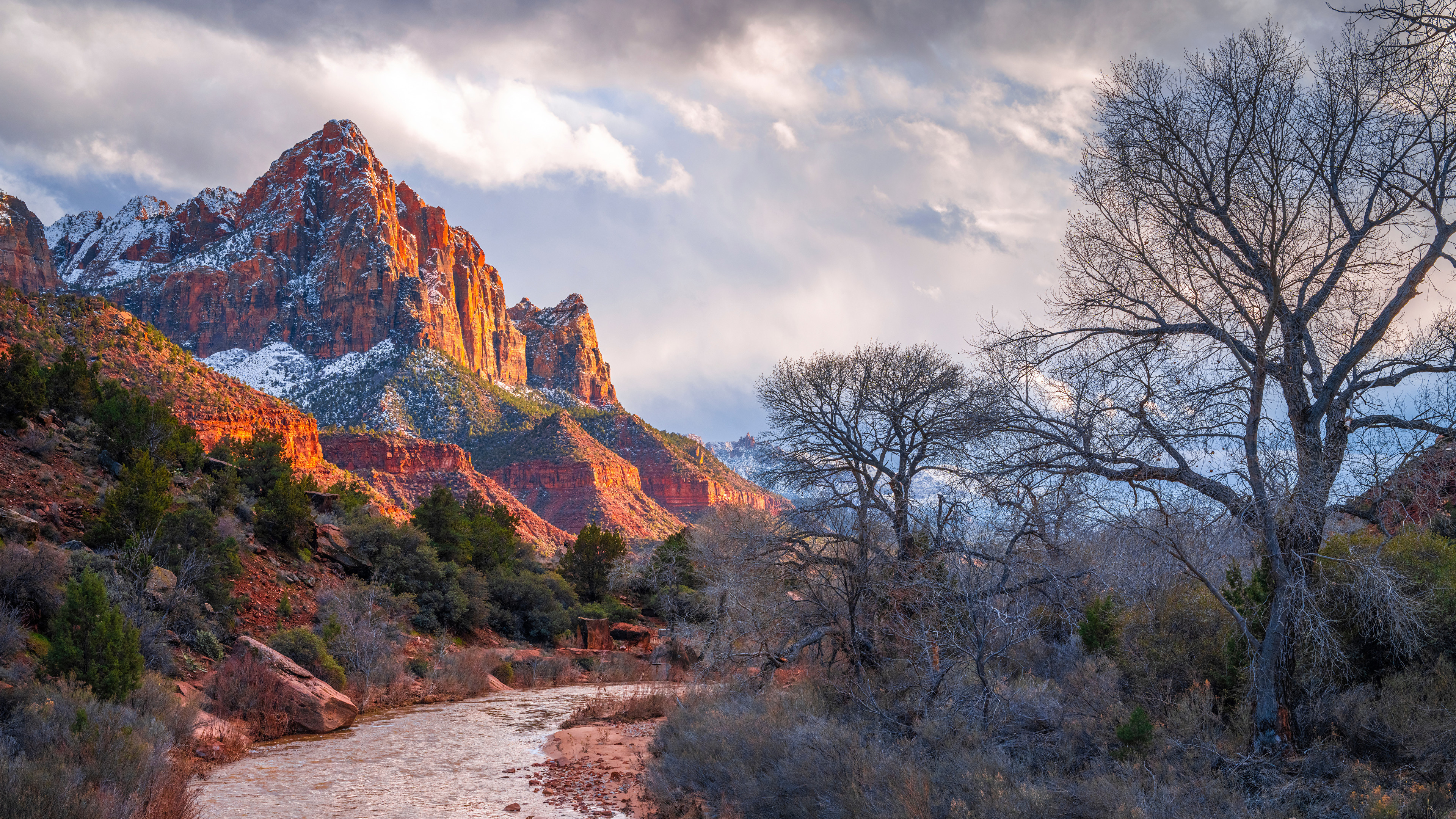 General 3840x2160 USA Utah nature Zion National Park river mountains trees sky clouds snow landscape water snowy mountain