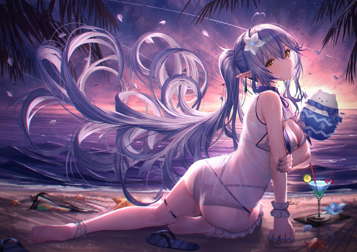 Anime 1500x1061 anime anime girls beach Virtual Youtuber Yukihana Lamy Hololive swimwear ass water starfish looking at viewer palm trees flowers flower in hair big boobs wet wet body pointy ears petals drink ponytail blue hair yellow eyes sunset sunset glow