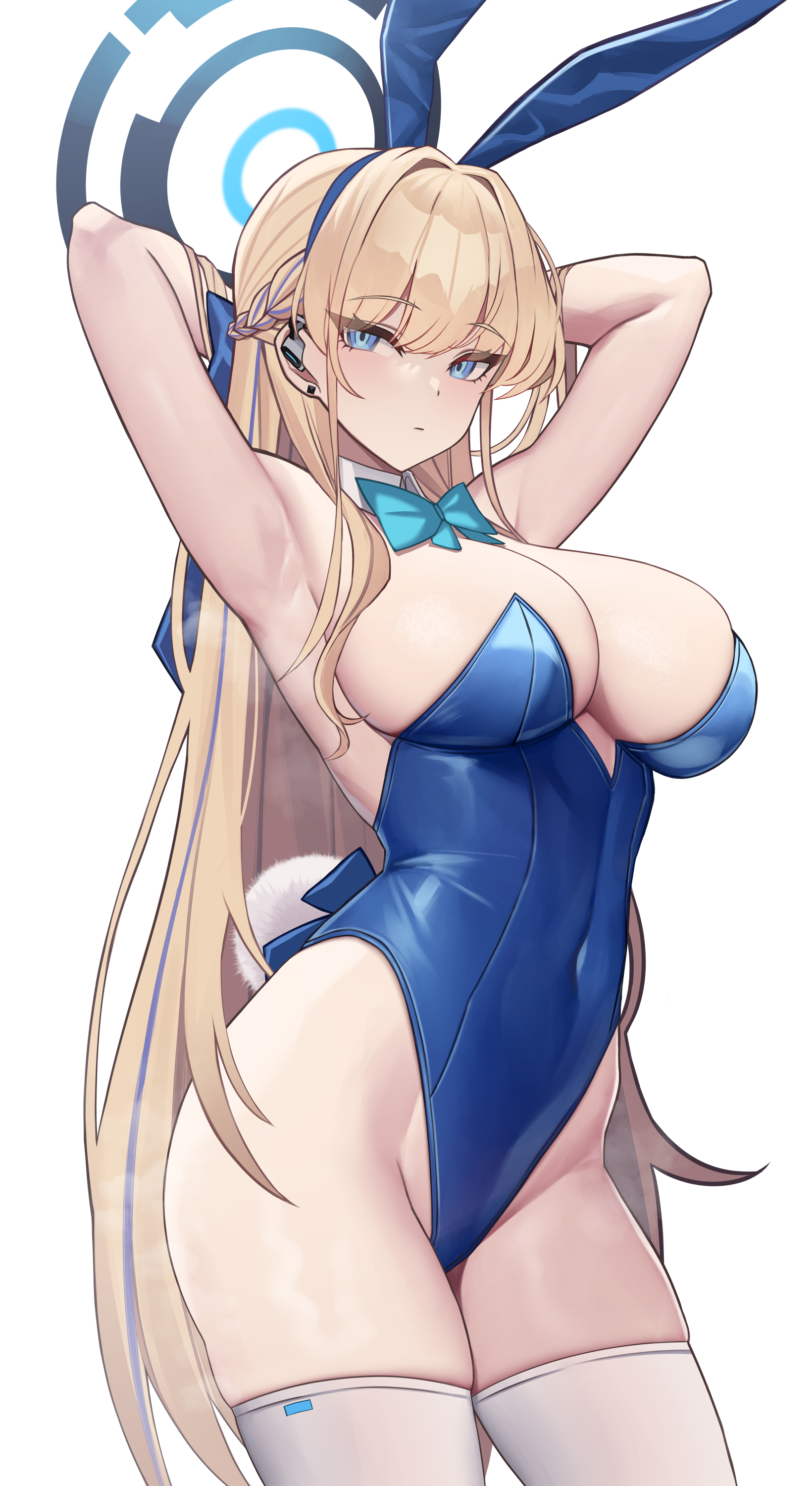 Anime 1640x3000 Blue Archive Siu anime girls Asuma Toki (Blue Archive) bunny suit bunny ears bunny tail thighs stockings big boobs bow tie long hair armpits white background simple background blonde blue eyes blue leotard leotard arm(s) behind head