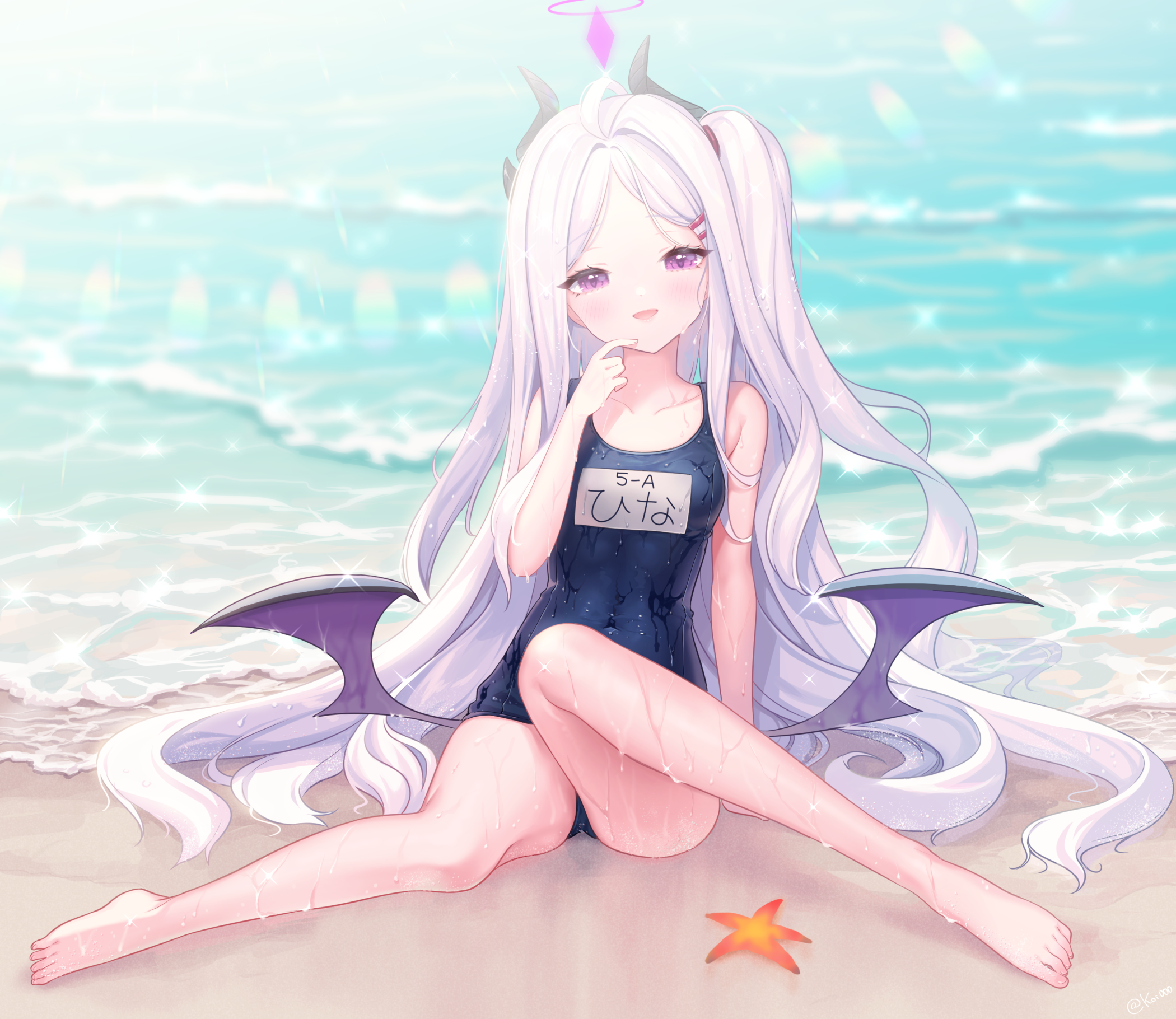 Anime 2100x1820 Sorasaki Hina (Blue Archive) Blue Archive swimwear white hair anime girl with wings anime girls beach purple eyes long hair looking at viewer wet one-piece swimsuit starfish wet body water waves sunlight blushing Japanese horns wings loli