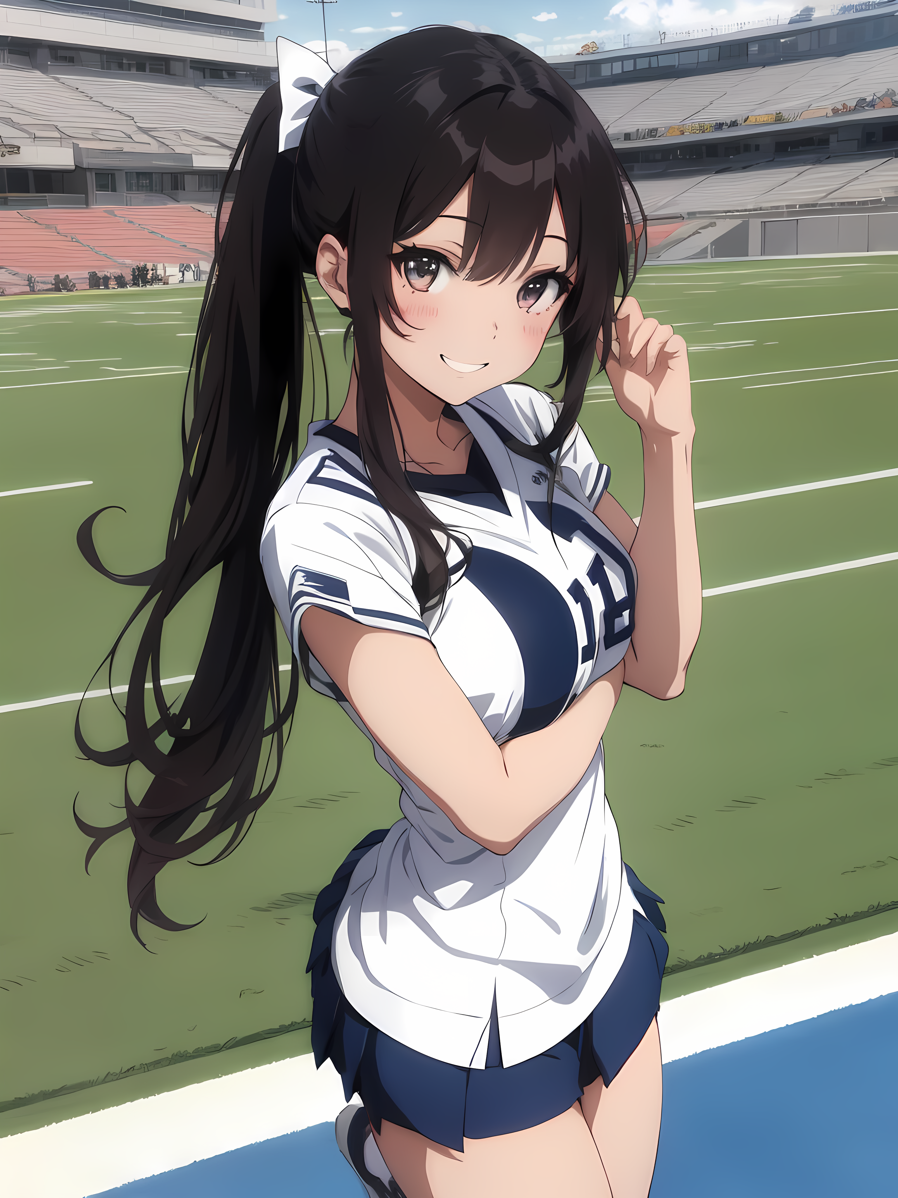 Anime 3072x4096 AI art anime girls cheerleaders stadium skirt ponytail long hair looking at viewer blushing