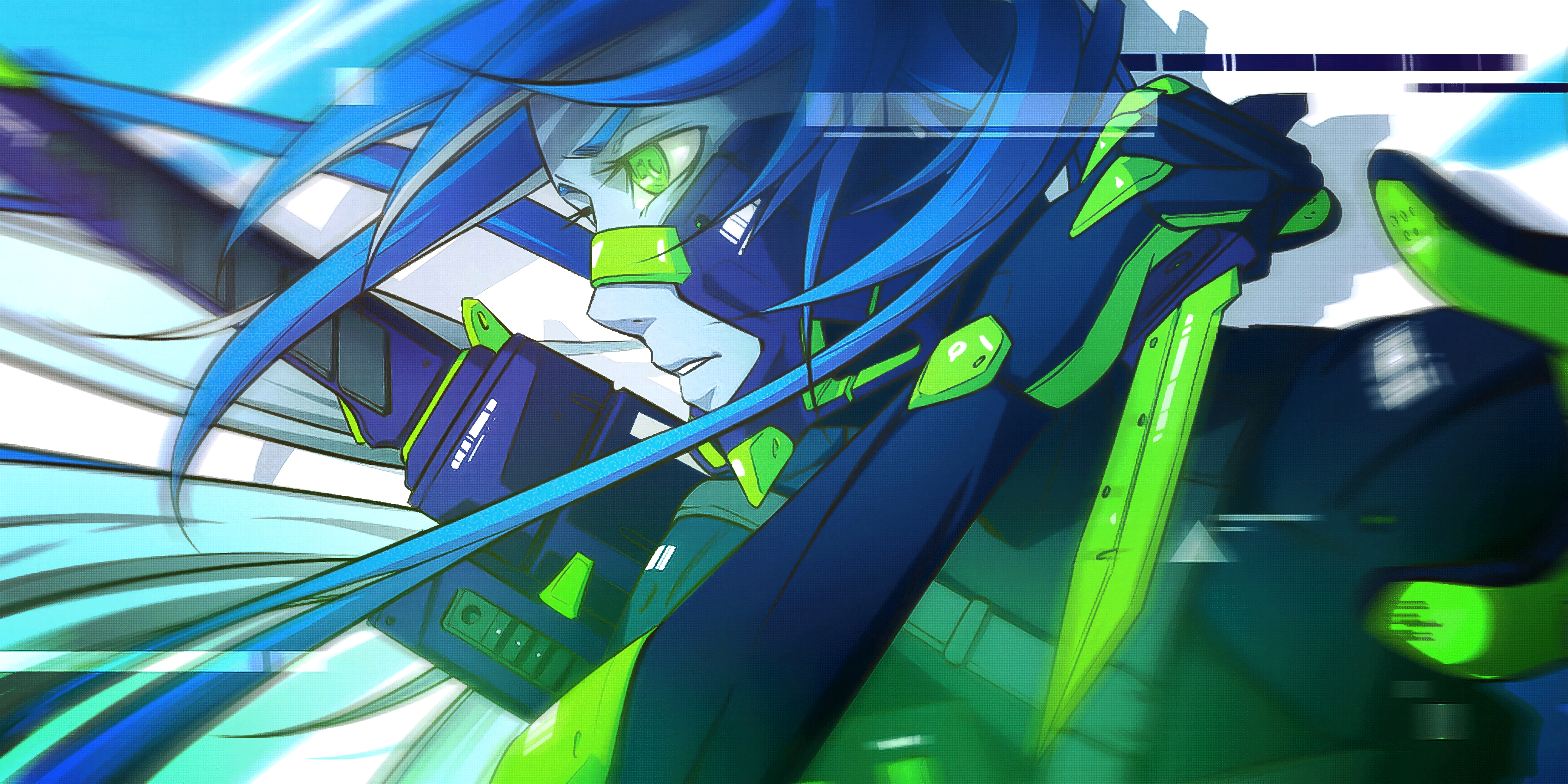 Anime 4096x2048 Call of Duty cyberpunk knife combat green eyes Loading screen futuristic long hair blue hair robot cyborg anime girls glowing eyes weapon