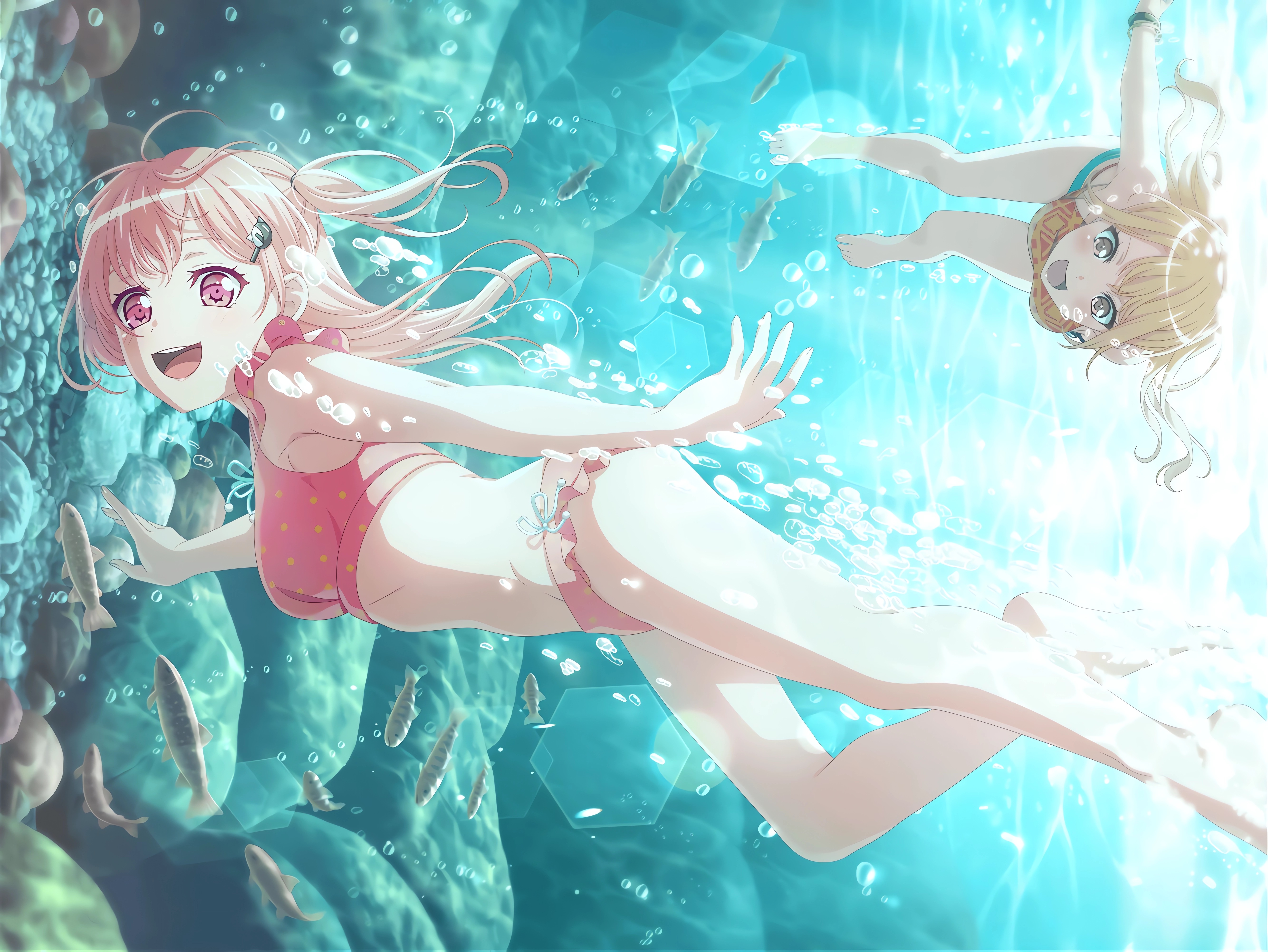 Anime 5336x4008 anime BanG Dream! anime girls Nanami Hiromachi swimwear bubbles water in water swimming fish looking at viewer animals sunlight