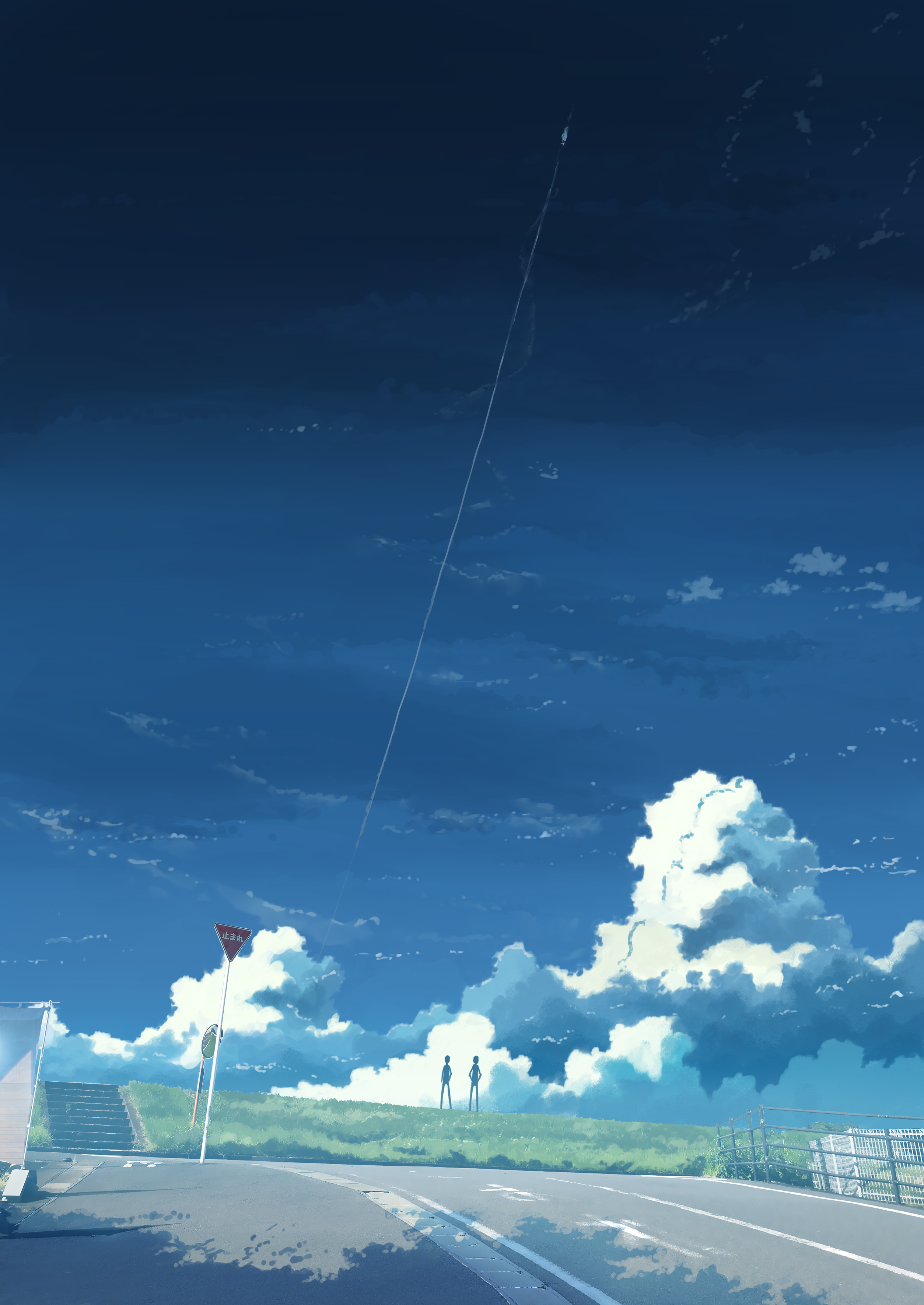 Anime 2508x3541 Pixiv artwork portrait display sky clouds road stairs signs
