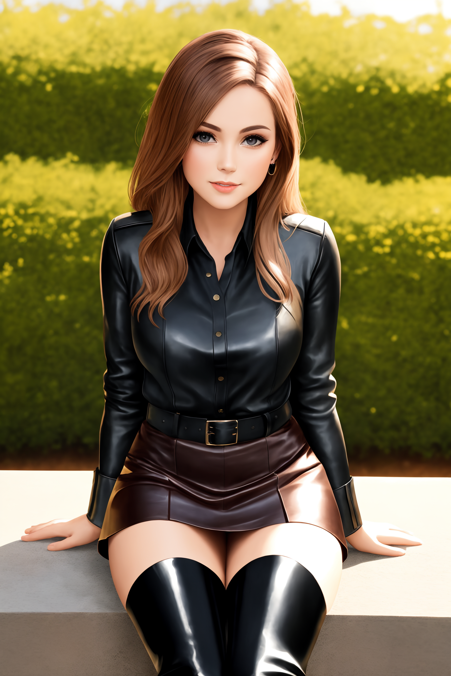 General 1536x2304 AI art Stable Diffusion portrait display looking at viewer leather boots leather skirts leather jacket smiling sitting women long hair brunette
