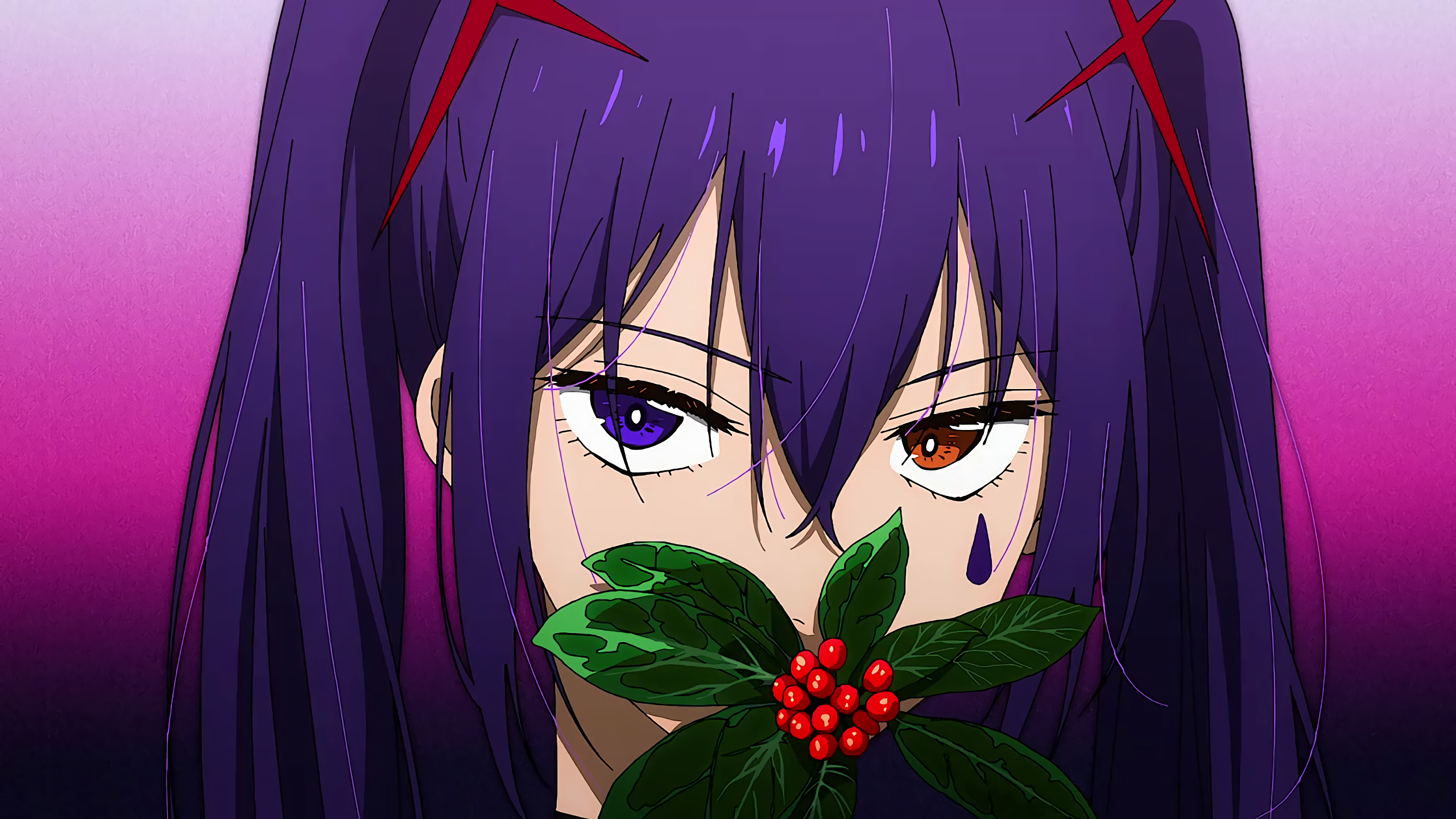 Anime 2560x1440 Mahou Shoujo Magical Destroyers anime girls flowers twintails leaves looking at viewer gradient purple hair long hair heterochromia simple background