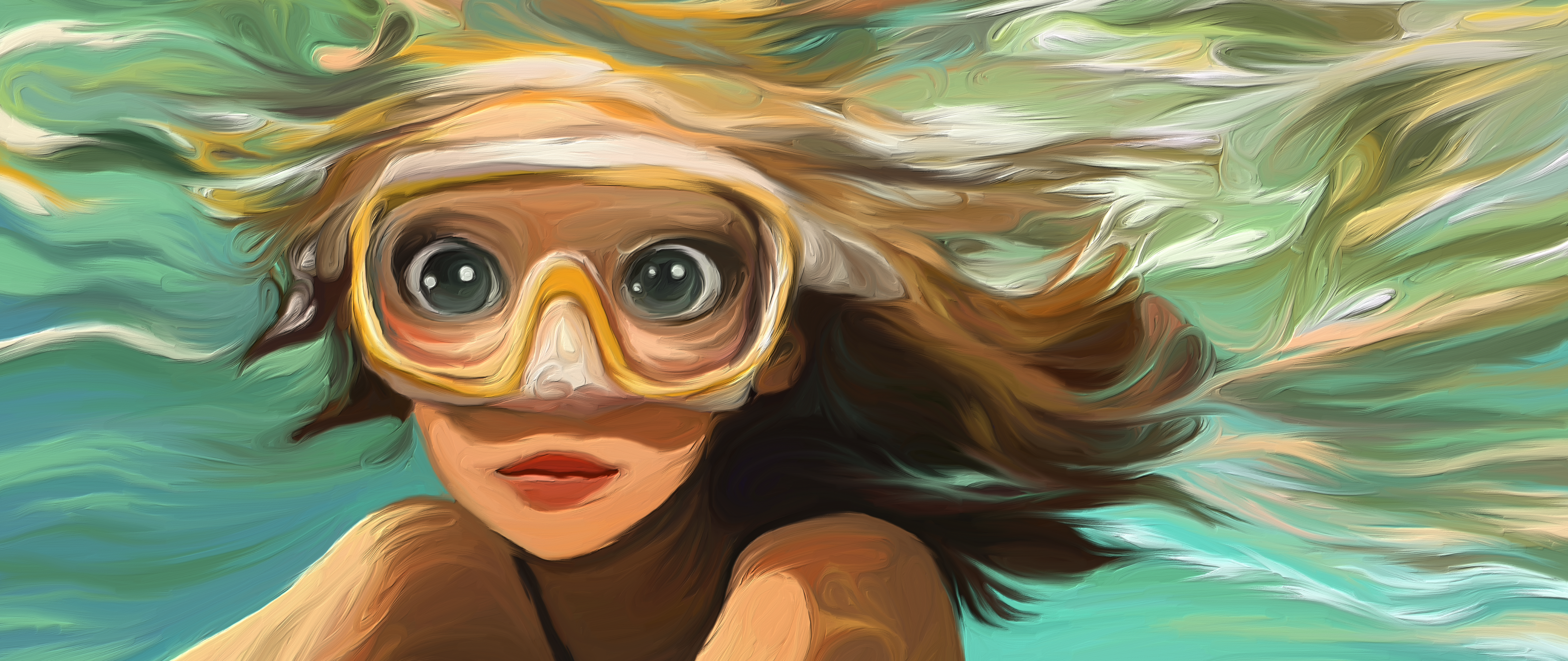 General 5120x2160 digital art Oil on canvas underwater women water swimming goggles looking at viewer
