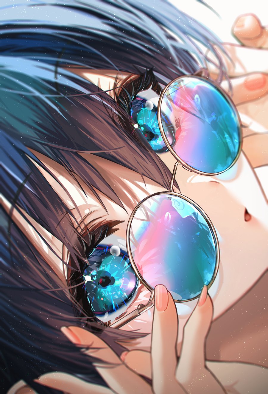 Anime 900x1320 digital art artwork illustration anime anime girls women dark hair glasses closeup face women with glasses blue eyes portrait display looking at viewer