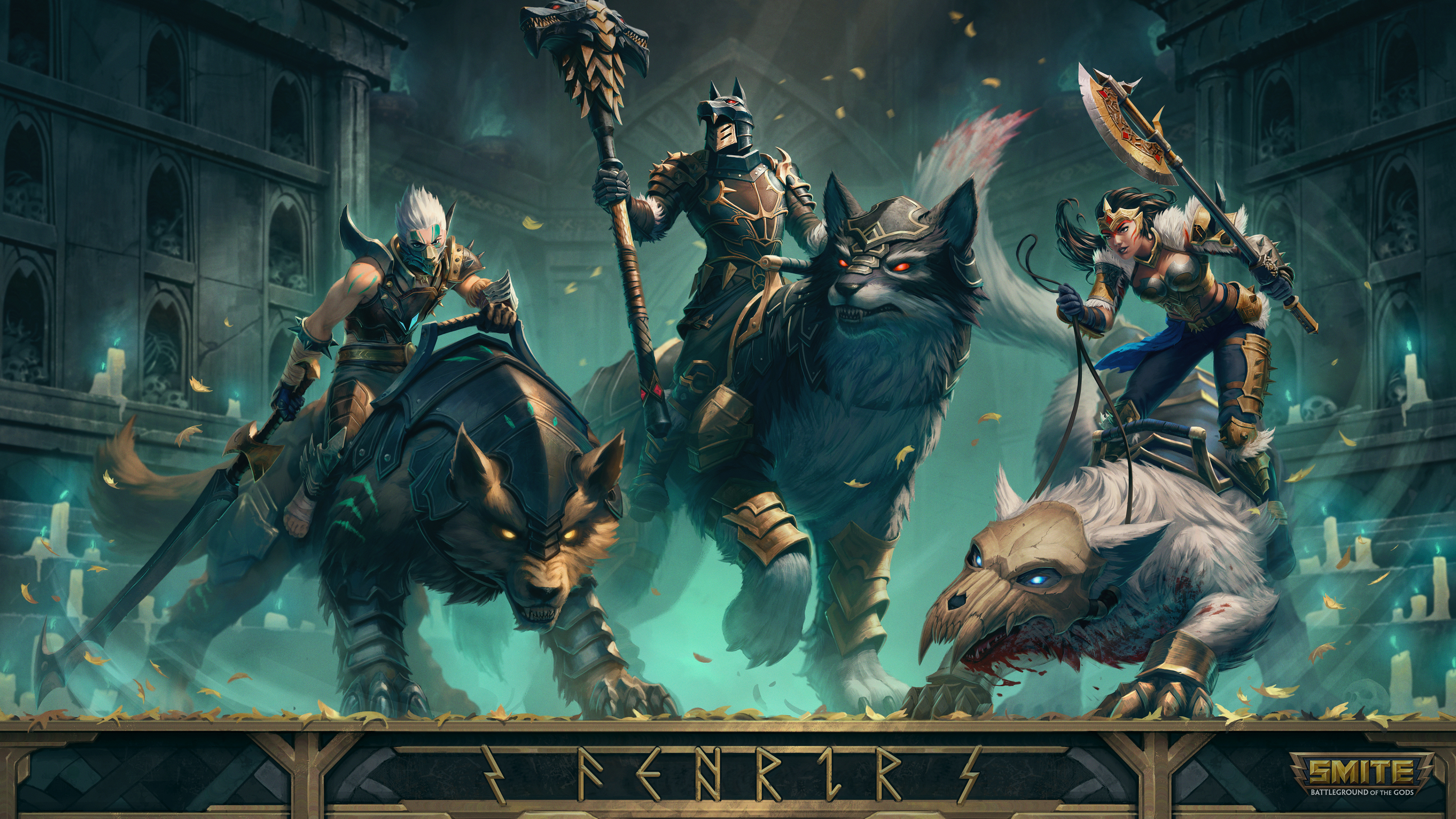 General 3840x2160 Smite MOBA video game characters video game art video games building animals armor weapon leaves axes video game boys video game girls glowing eyes Fenrir (Smite)