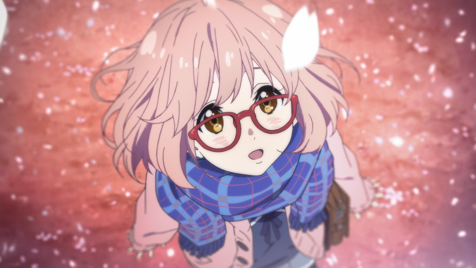 Anime 1920x1080 Kyoukai no Kanata Kuriyama Mirai cherry blossom glasses scarf anime girls short hair petals Anime screenshot
