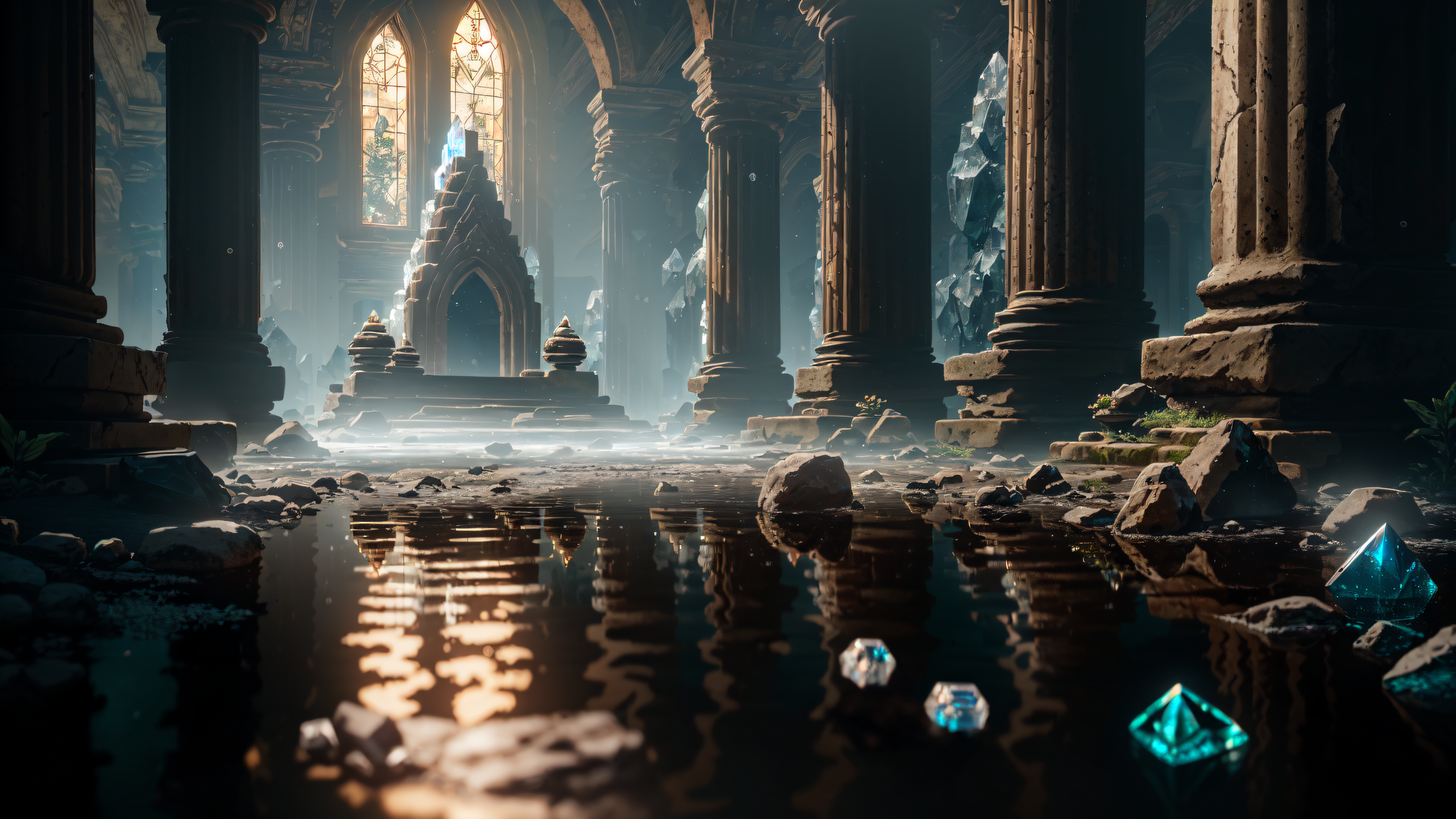 General 2560x1440 AI art Stable Diffusion environment Throne Room throne water crystal  fantasy architecture fantasy castle reflection pillar