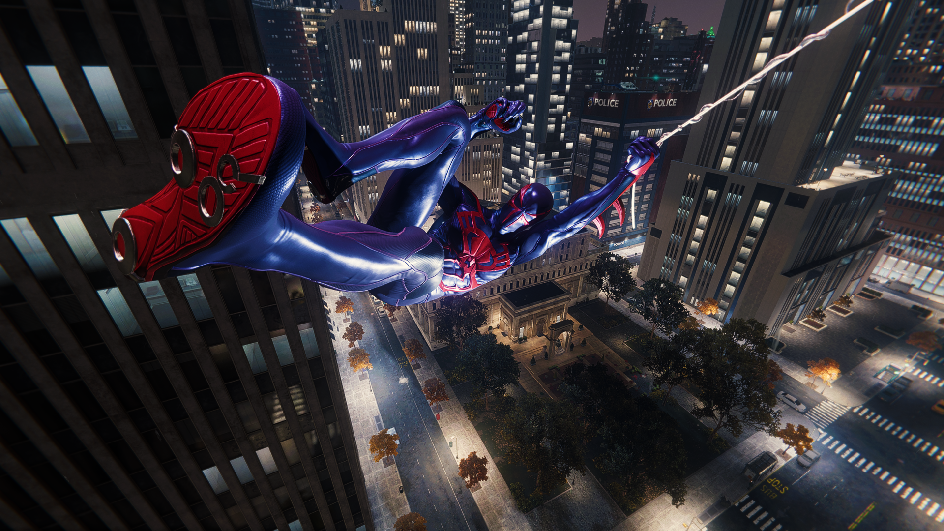 General 1920x1080 Spider-Man Spider-Man (2018) Marvel Comics PlayStation bodysuit superhero building night city city lights trees CGI