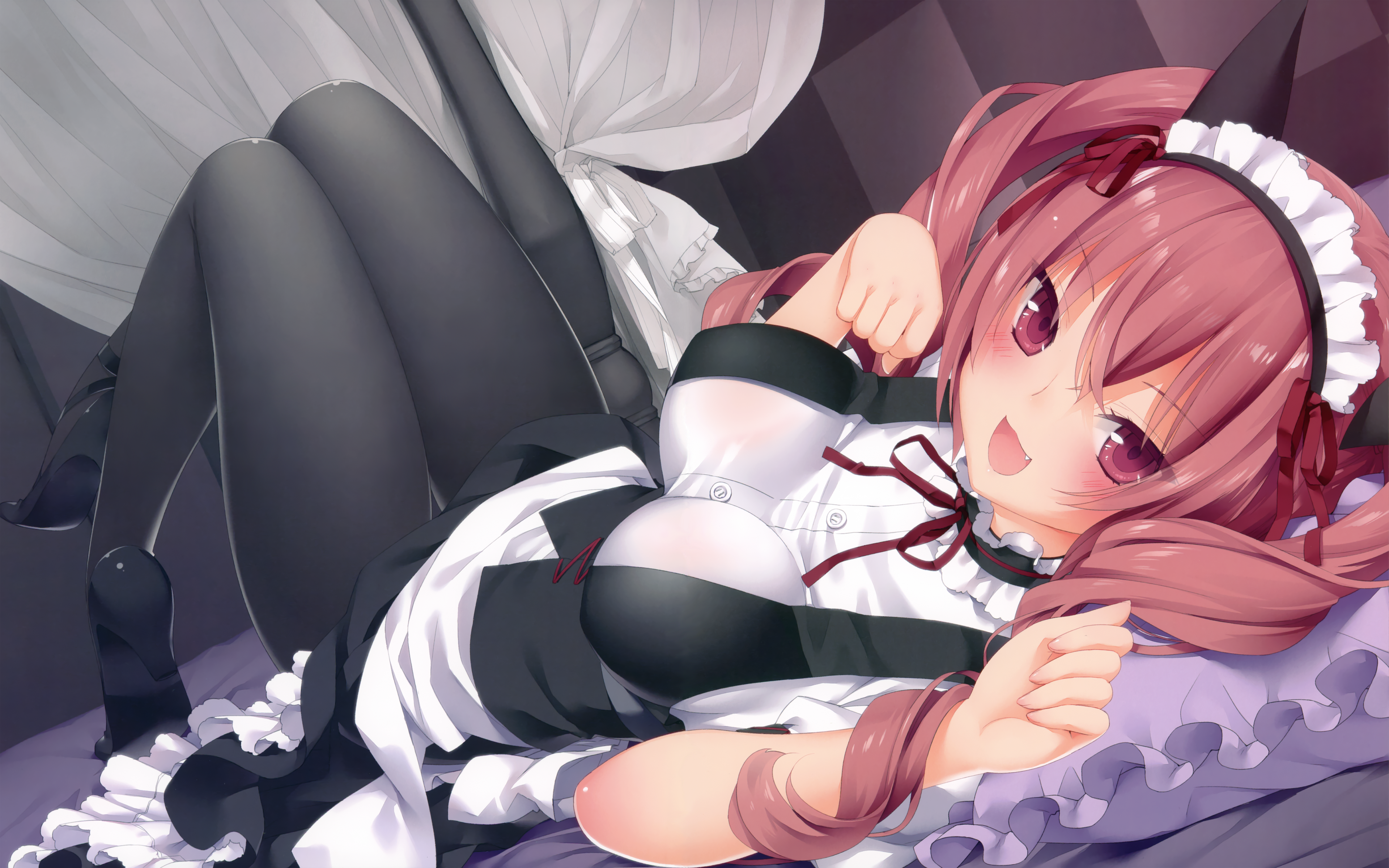 Anime 3840x2400 Faris Nyannyan Steins;Gate pantyhose animal ears maid anime girls maid outfit blushing looking at viewer lying on back lying down long hair twintails heels