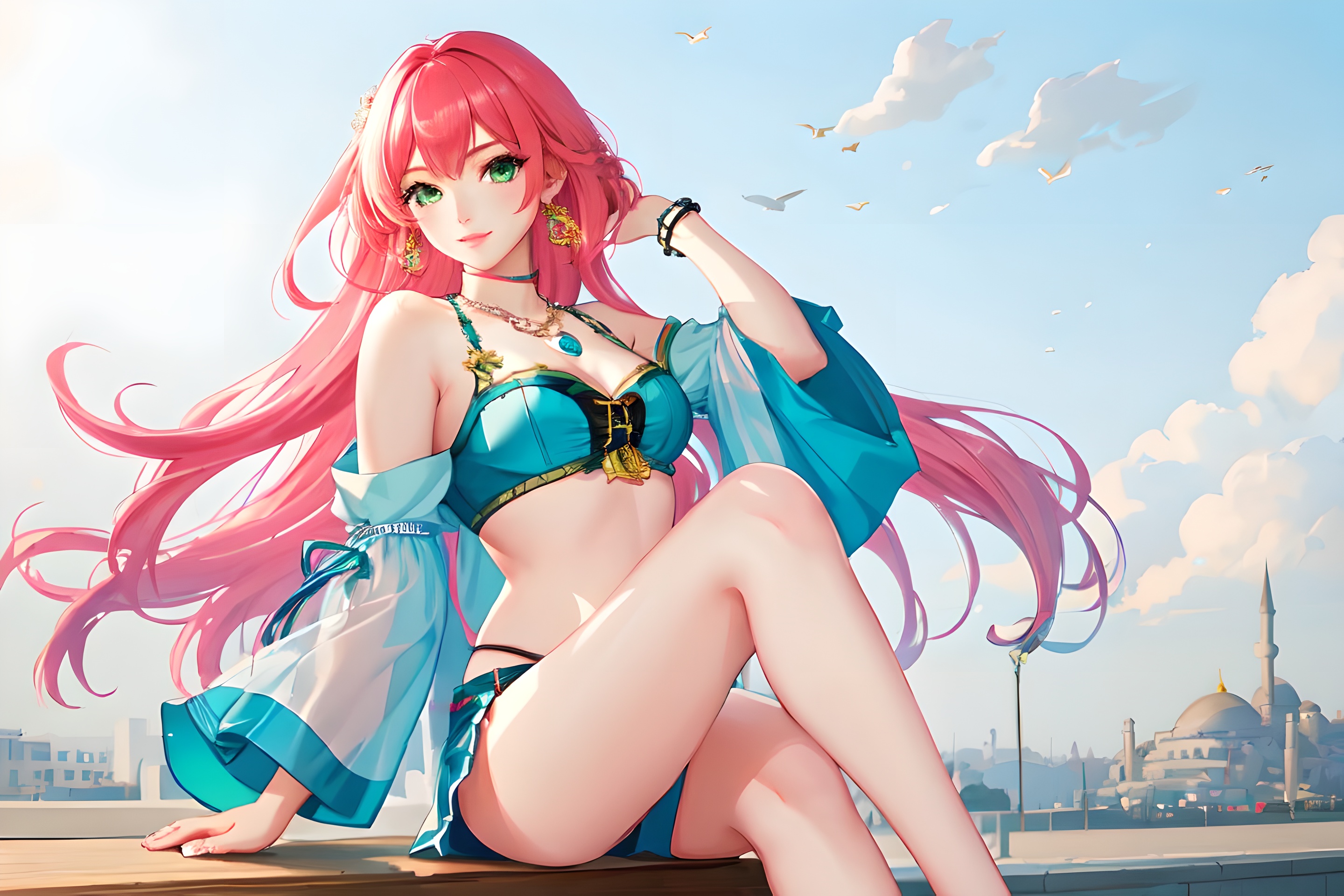 Anime 2880x1920 anime girls Naoko Takeuchi style manga looking at viewer legs crossed green eyes AI art redhead long hair clouds sky thighs necklace earring smiling