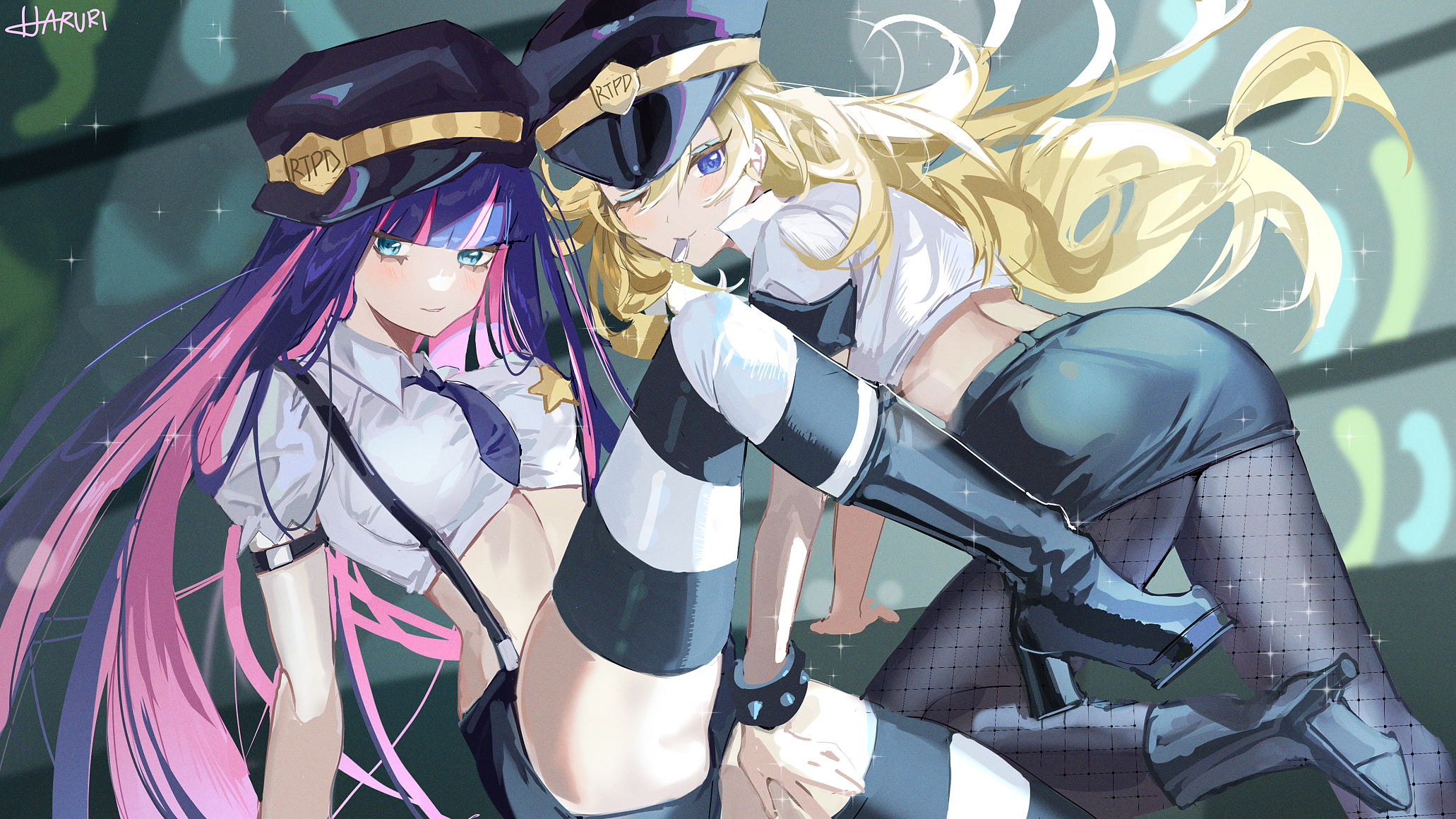 Anime 2062x1160 anime anime girls Panty and Stocking with Garterbelt Anarchy Panty Anarchy Stocking fishnet two tone hair long hair hat stockings looking at viewer tie police costume one eye closed
