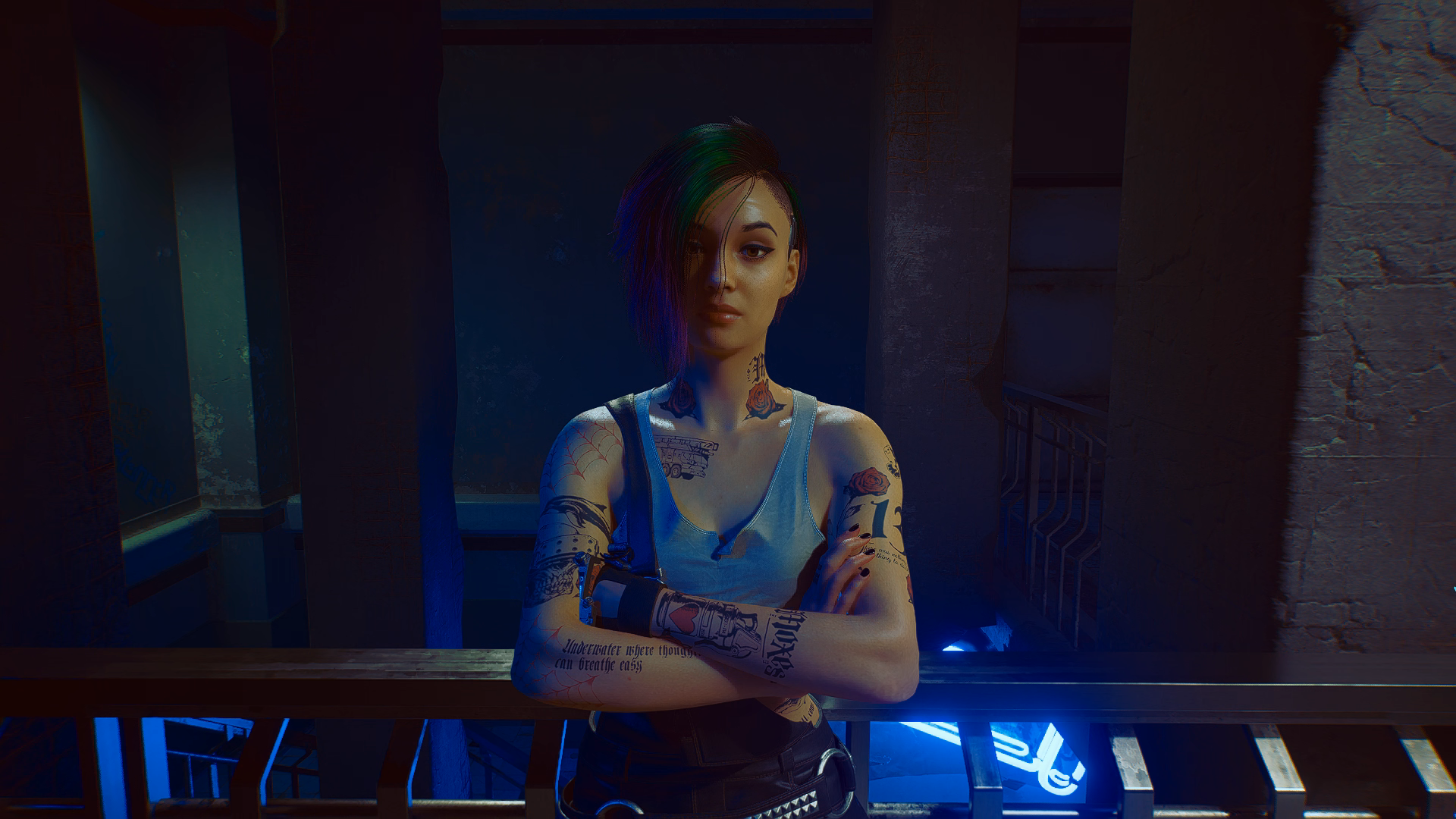General 1920x1080 Cyberpunk 2077 ray tracing Judy Alvarez blue light building screen shot tattoo white tank top black pants belt multi-colored hair video game characters CGI video games digital art looking at viewer arms crossed
