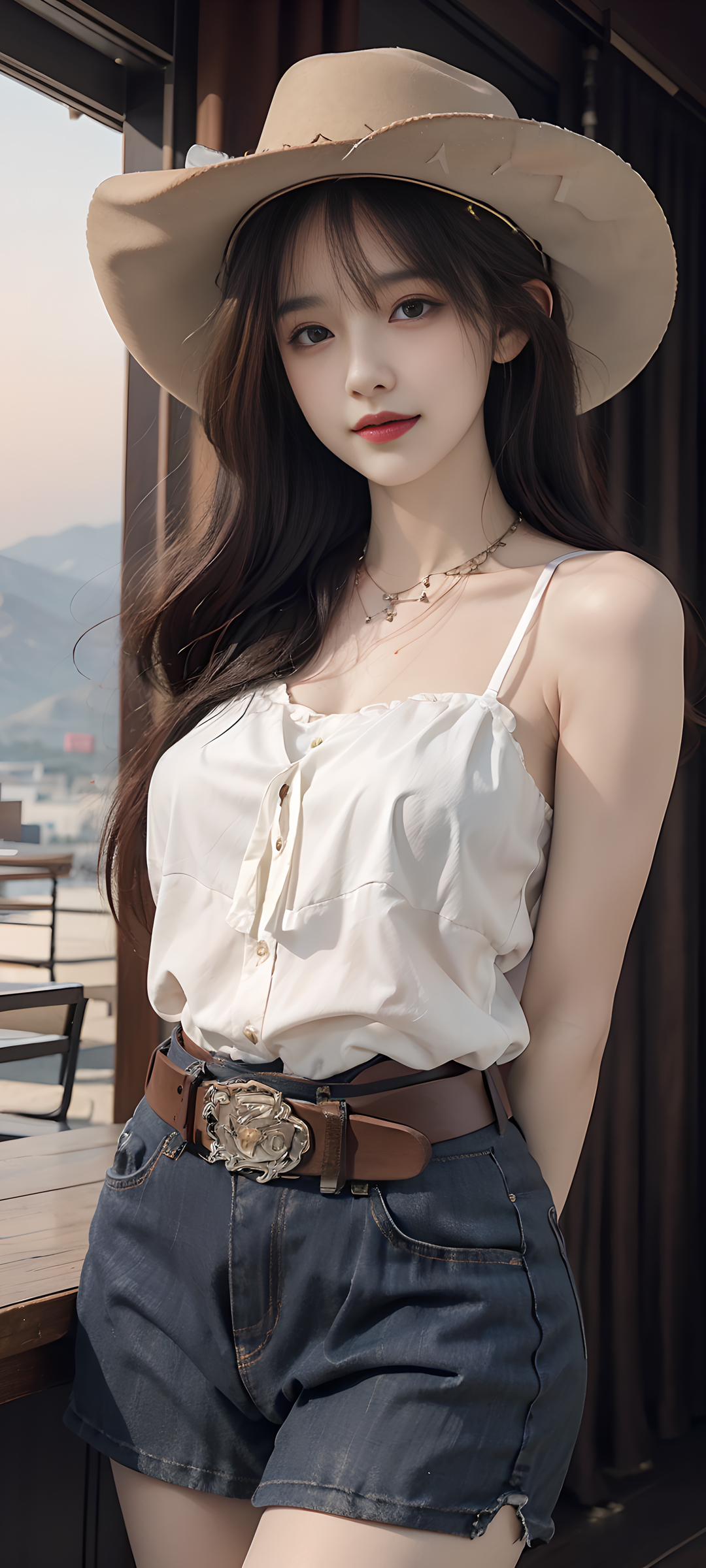 General 1080x2400 long hair AI art Asian women straw hat portrait display looking at viewer