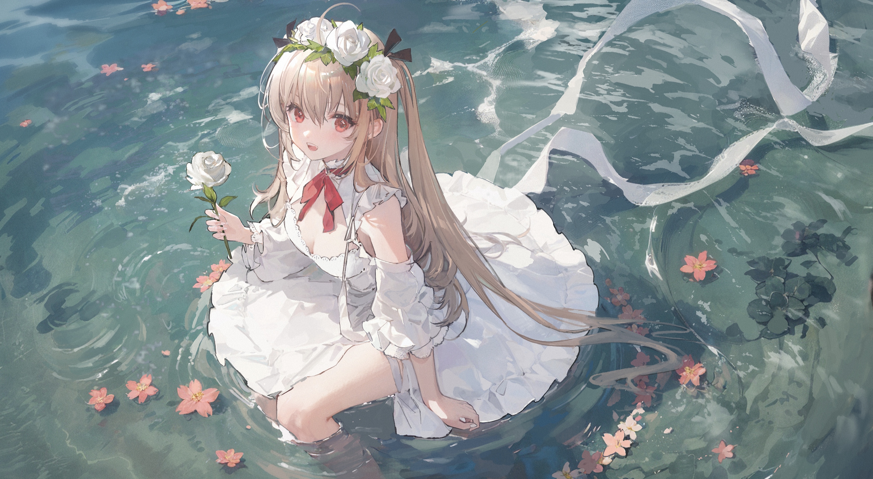 Anime 2800x1536 anime anime girls water dress bow tie flowers long hair looking at viewer petals flower in hair blonde high angle