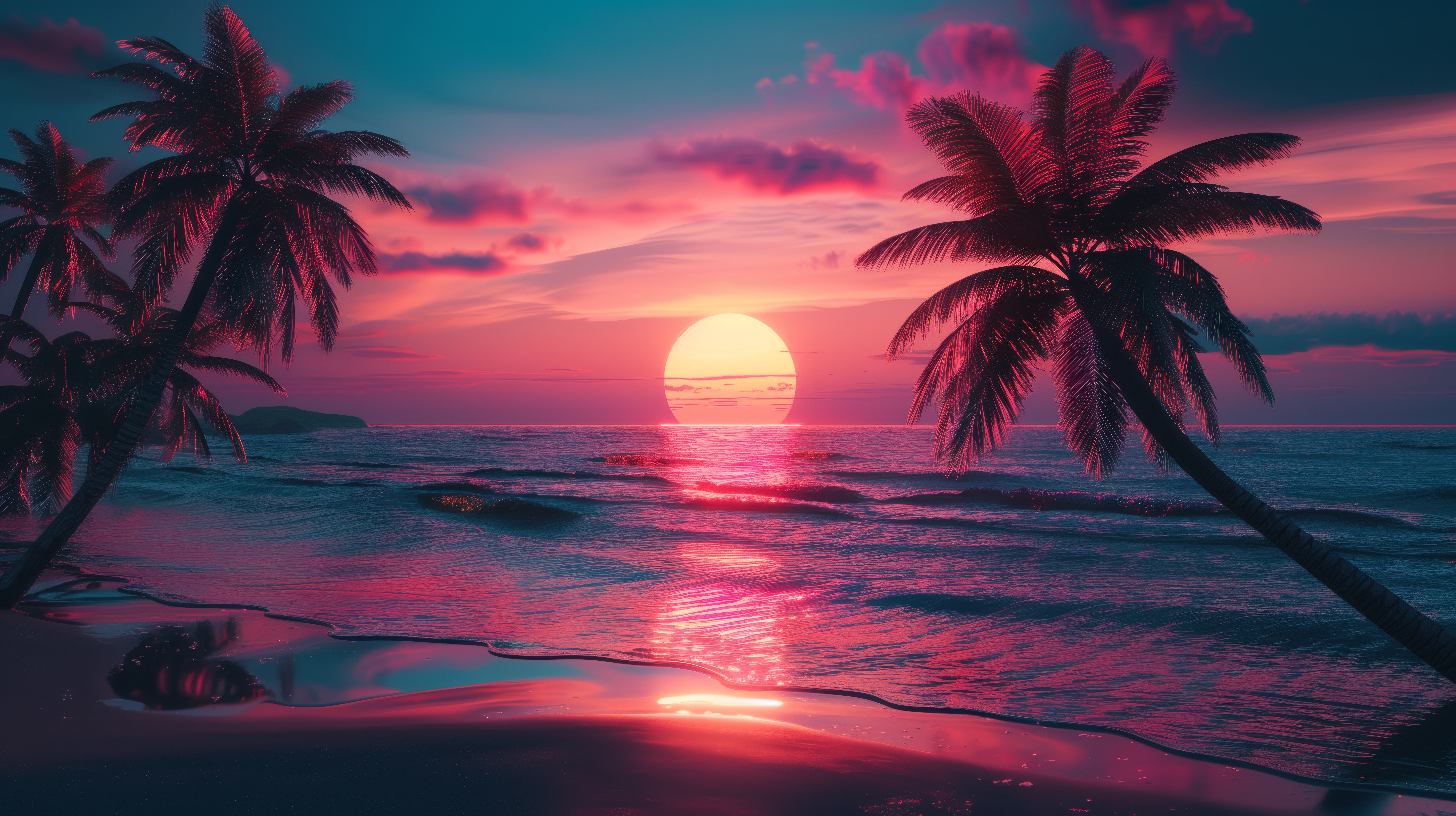 General 5824x3264 synthwave sunset palm trees beach waves sea clouds