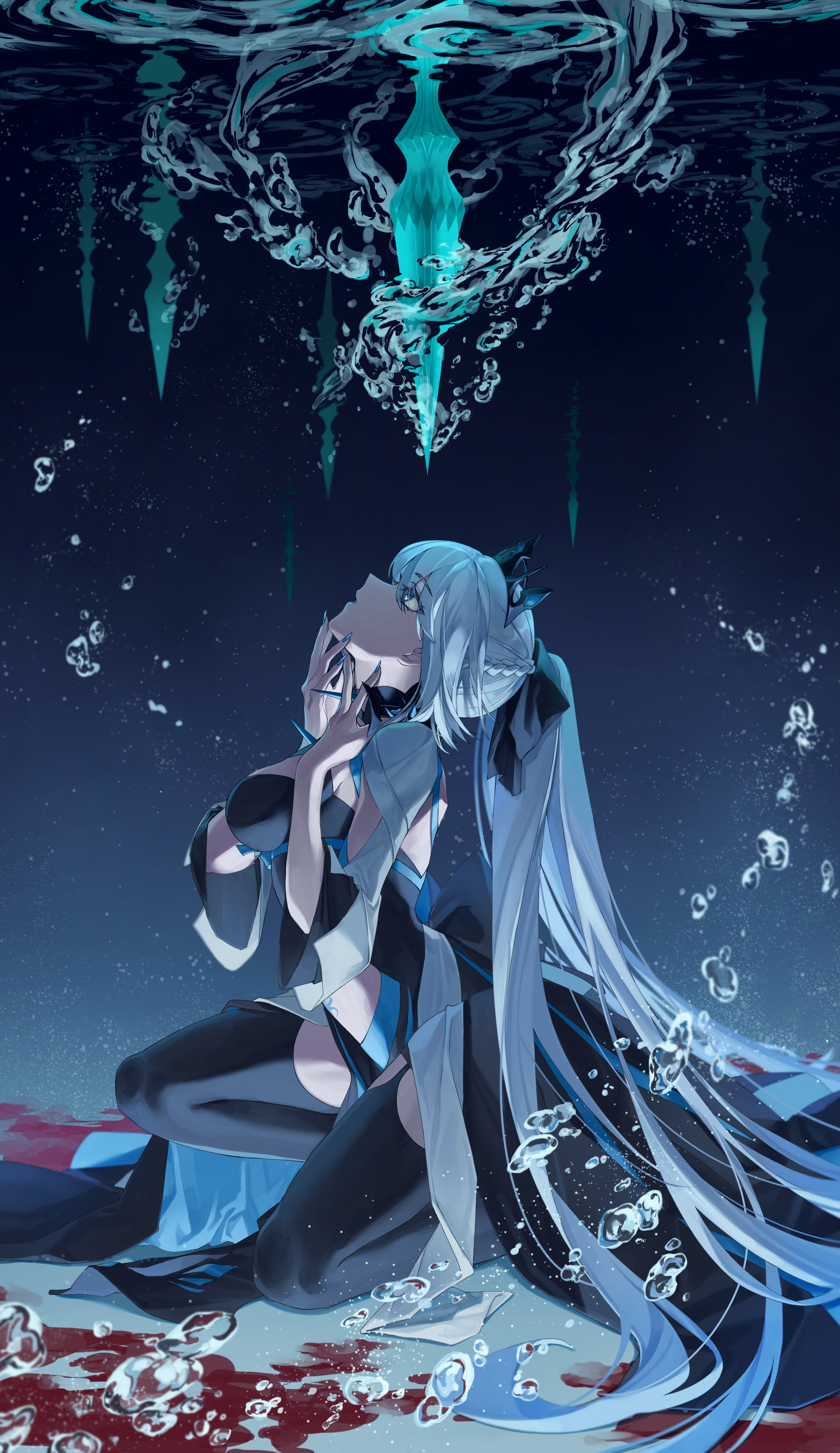 Anime 2189x3785 Fate series underwater portrait display bubbles Morgan le Fay looking up black dress womb tattoo stockings black stockings thigh strap spiked collar boobs hair ornament blue eyes gray hair crown Rimuna1228