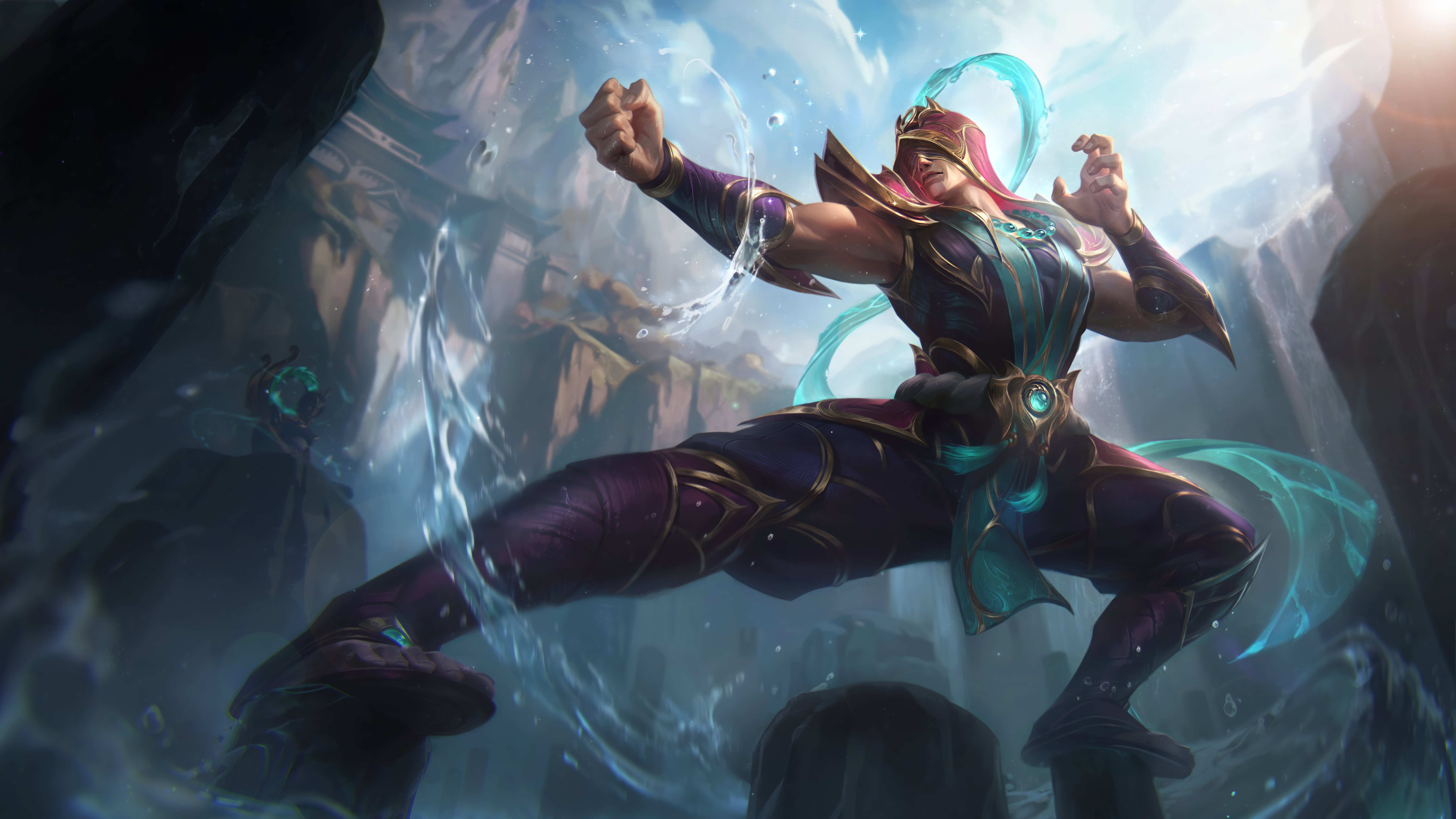 General 7680x4320 League of Legends digital art Riot Games GZG video games Lee Sin (League of Legends) video game characters 4K video game men muscles fighting stance water sunlight covered eye(s) sky clouds tassels video game art fist spread legs waterfall