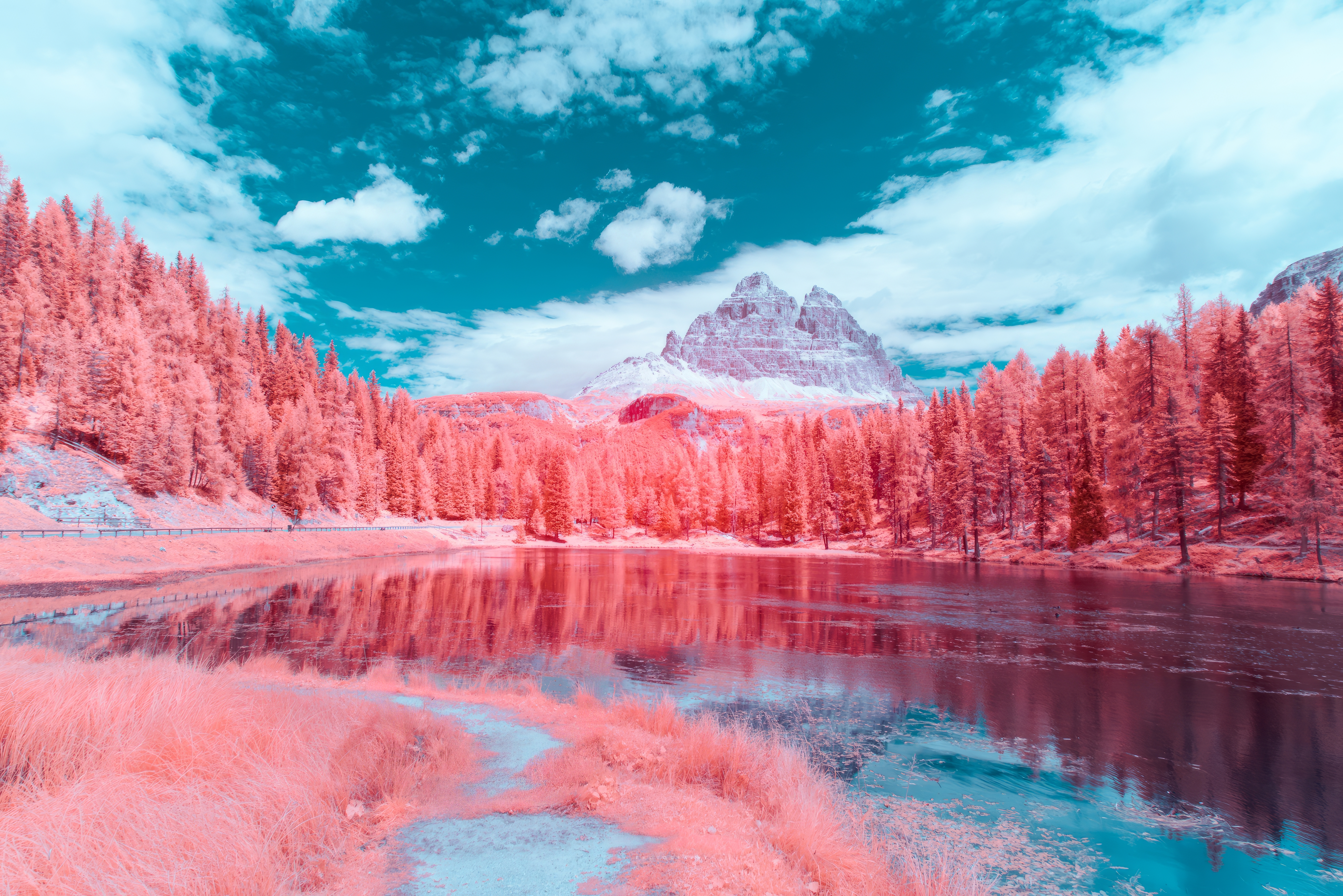 General 6400x4272 infrared sea trees pink water sky mountains clouds surreal