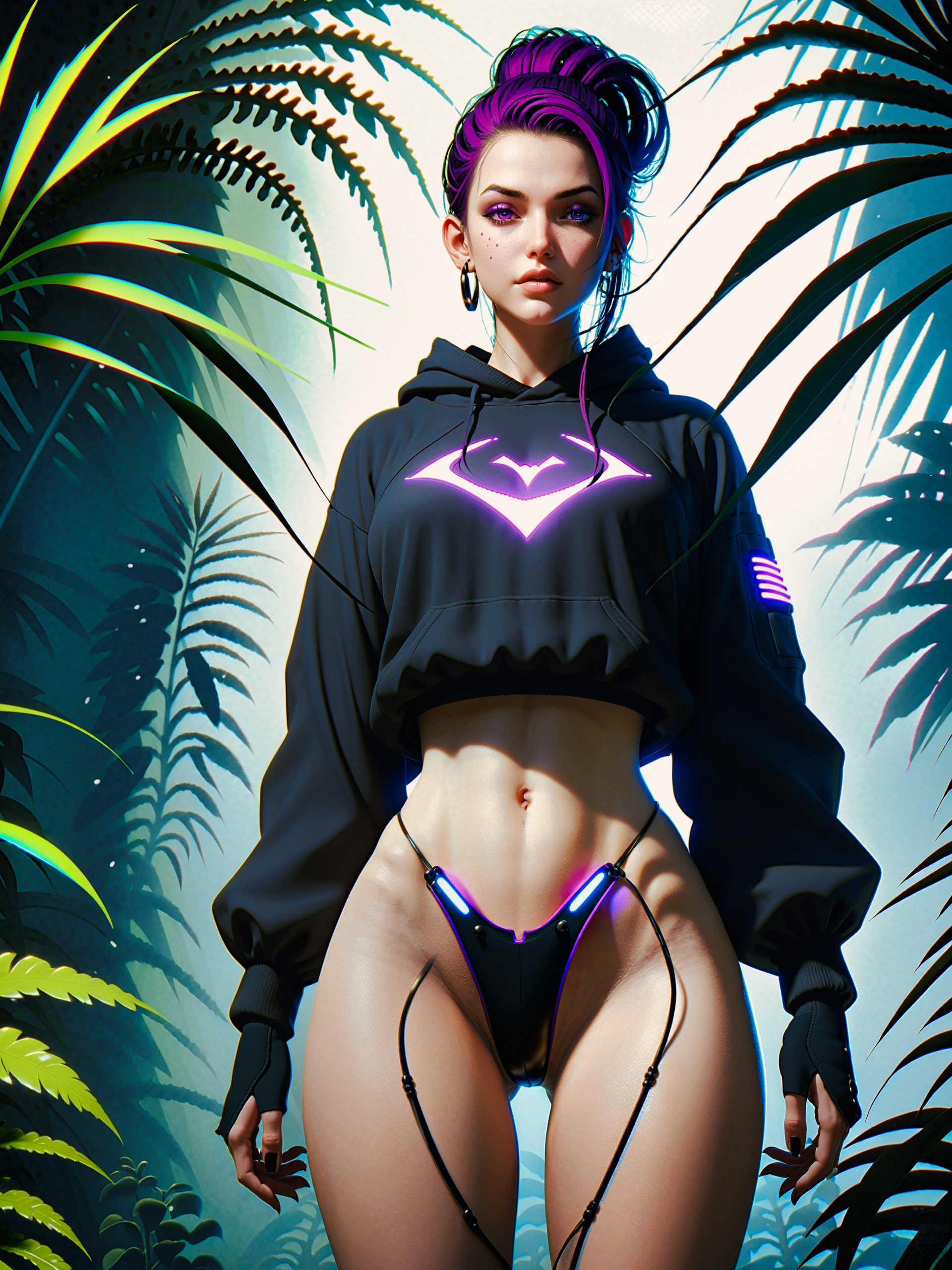 General 1920x2560 AI art digital art artwork jungle standing plants nature neon LEDs black hoodie thighs panties purple hair purple eyes purple eyeshadow looking at viewer gloves earring belly button