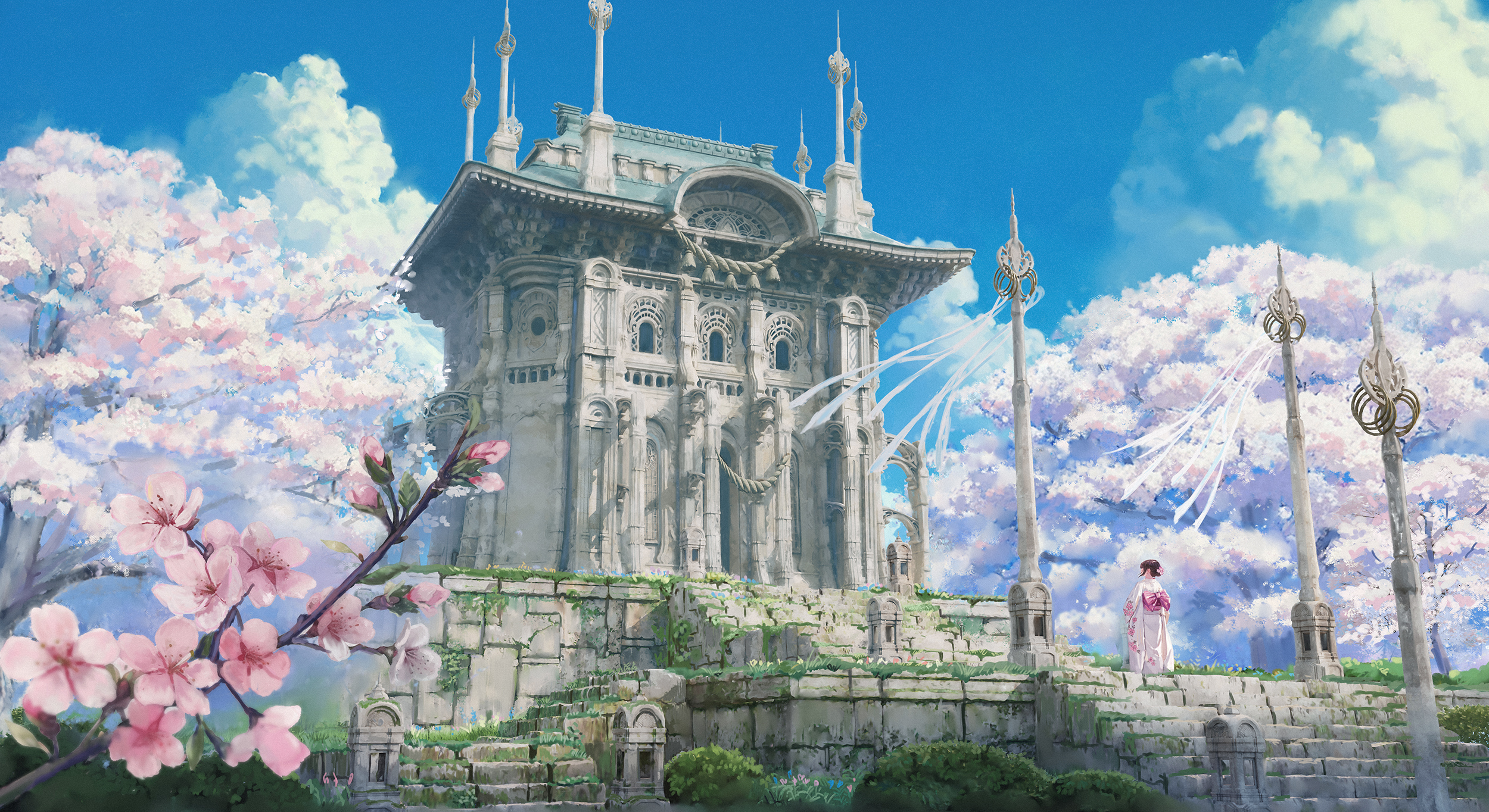 Anime 2500x1364 Tenca Arts architecture cathedral cherry blossom building women outdoors pink flowers pink kimono Japanese clothes kimono flowers sky clouds cumulus stairs sash windy moss plants
