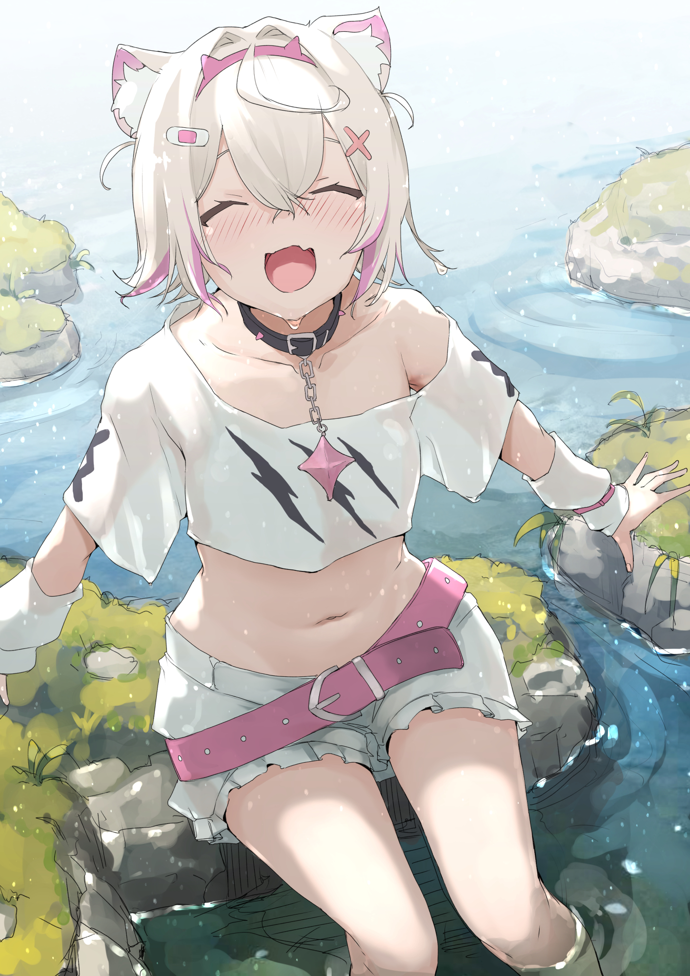Anime 1414x2000 Hololive Mococo Abyssgard anime anime girls animal ears mitsuru portrait display smiling open mouth short hair two tone hair water one bare shoulder collar sunlight hair between eyes bare midriff sitting belt Virtual Youtuber Hololive English wet hair wet body