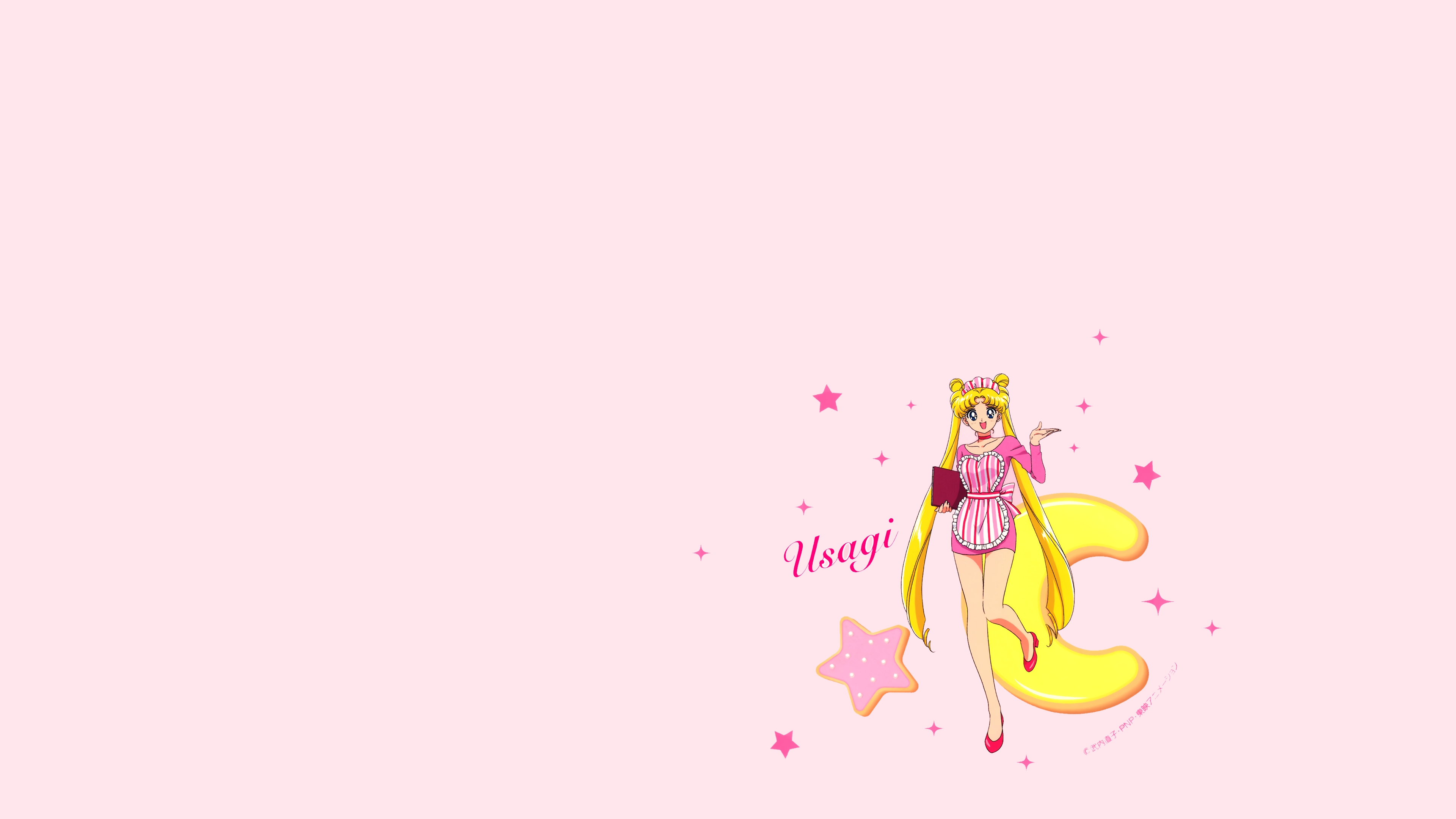 Anime 3840x2160 Sailor Moon Tsukino Usagi anime girls crescent moon looking at viewer blonde simple background apron pink background smiling