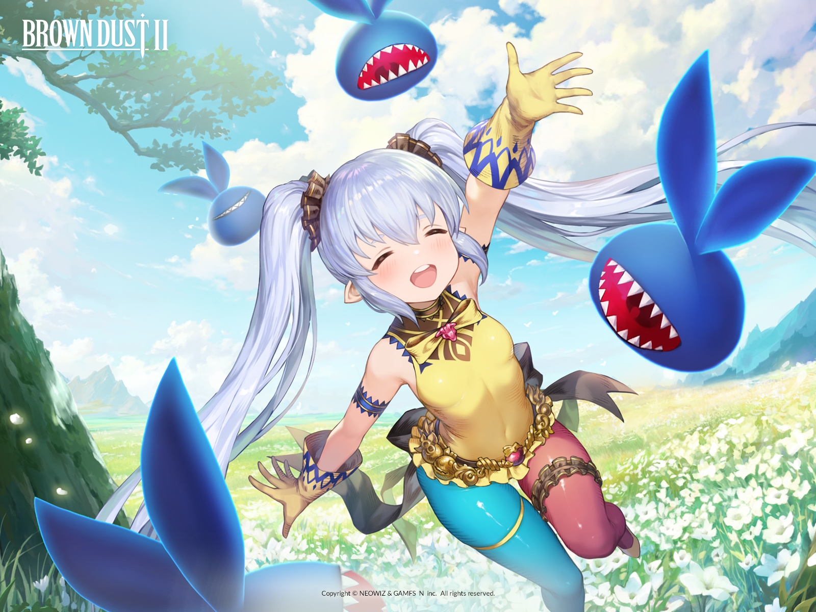 Anime 1600x1200 Brown Dust closed eyes twintails arms reaching white gloves gray hair mismatched stockings sky flowers field trees creature pointy ears running open mouth clouds watermarked