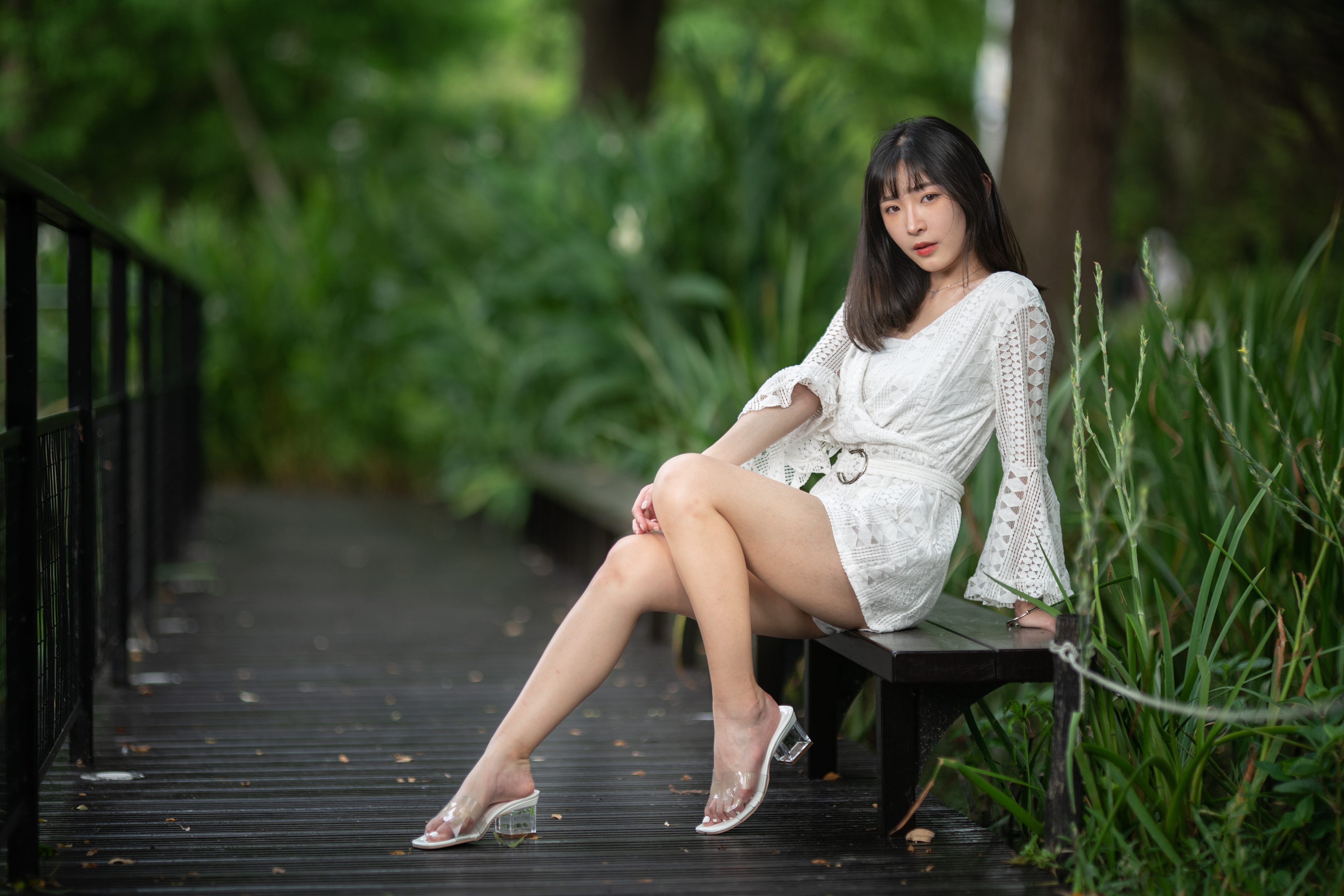 People 3840x2561 Asian model women long hair dark hair depth of field barefoot sandal sitting