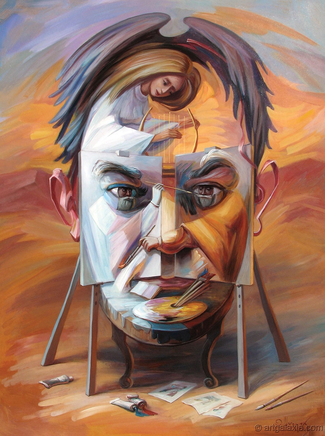 General 1117x1500 artwork painting optical illusion face men Oleg Shupliak self portraits wings eyes paint brushes angel ears