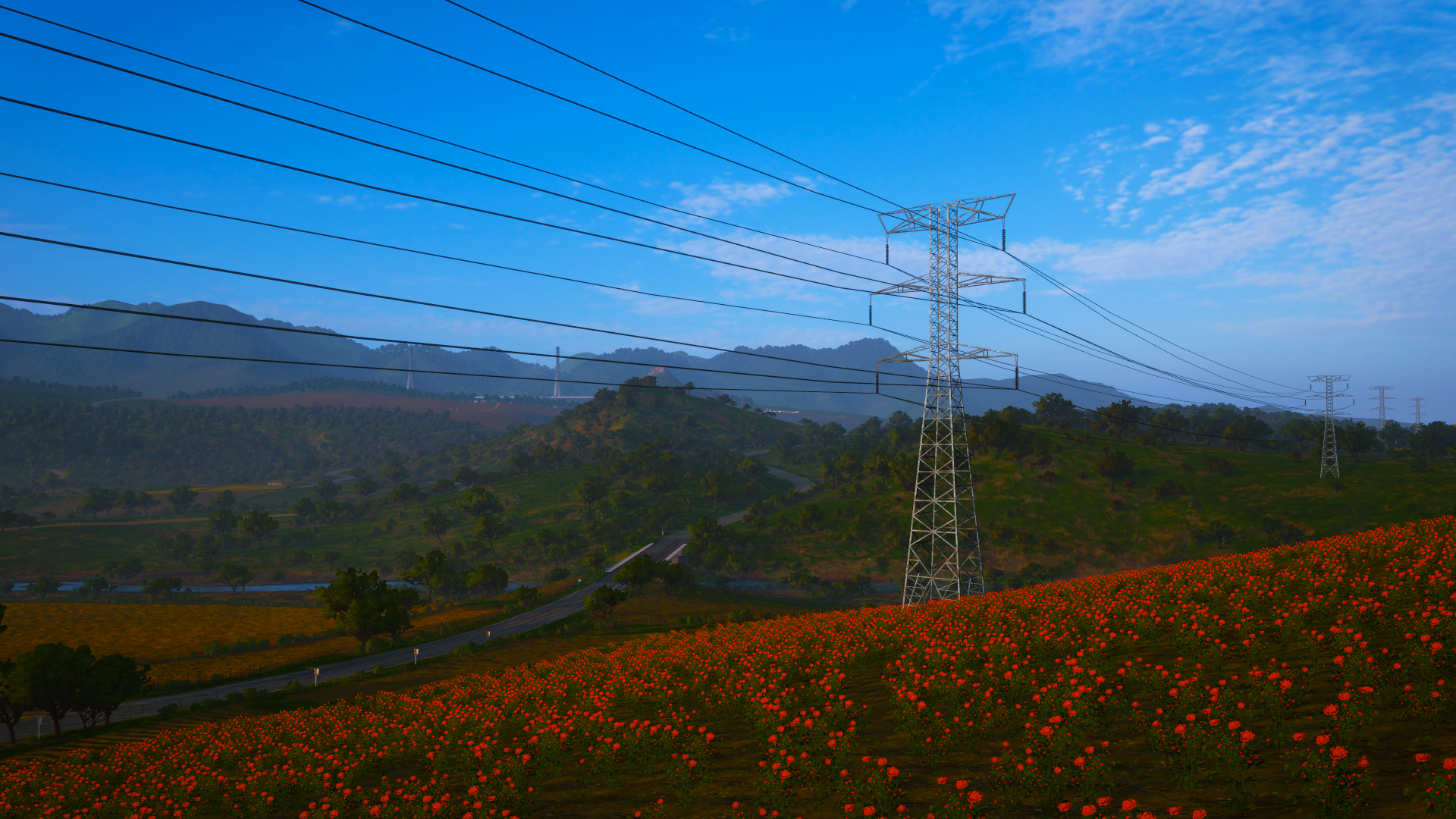 General 1920x1080 sky trees flowers blue red green Xbox Game Studios hills Forza Horizon 5 landscape utility pole video games video game art screen shot PlaygroundGames road Turn 10 Studios Forza clouds power lines CGI