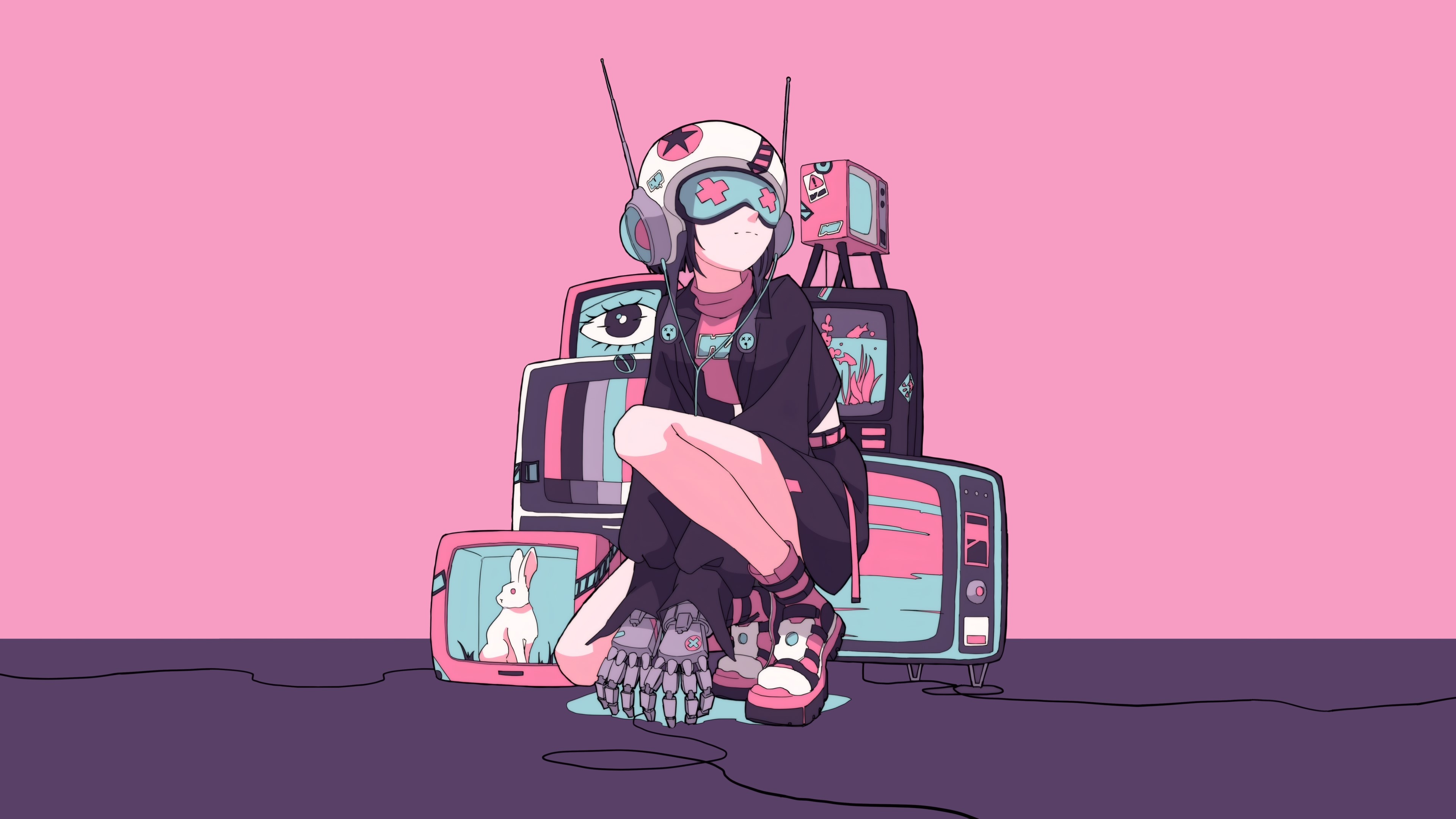 General 3840x2160 Gaako antenna helmet headphones rabbits cables digital art artwork